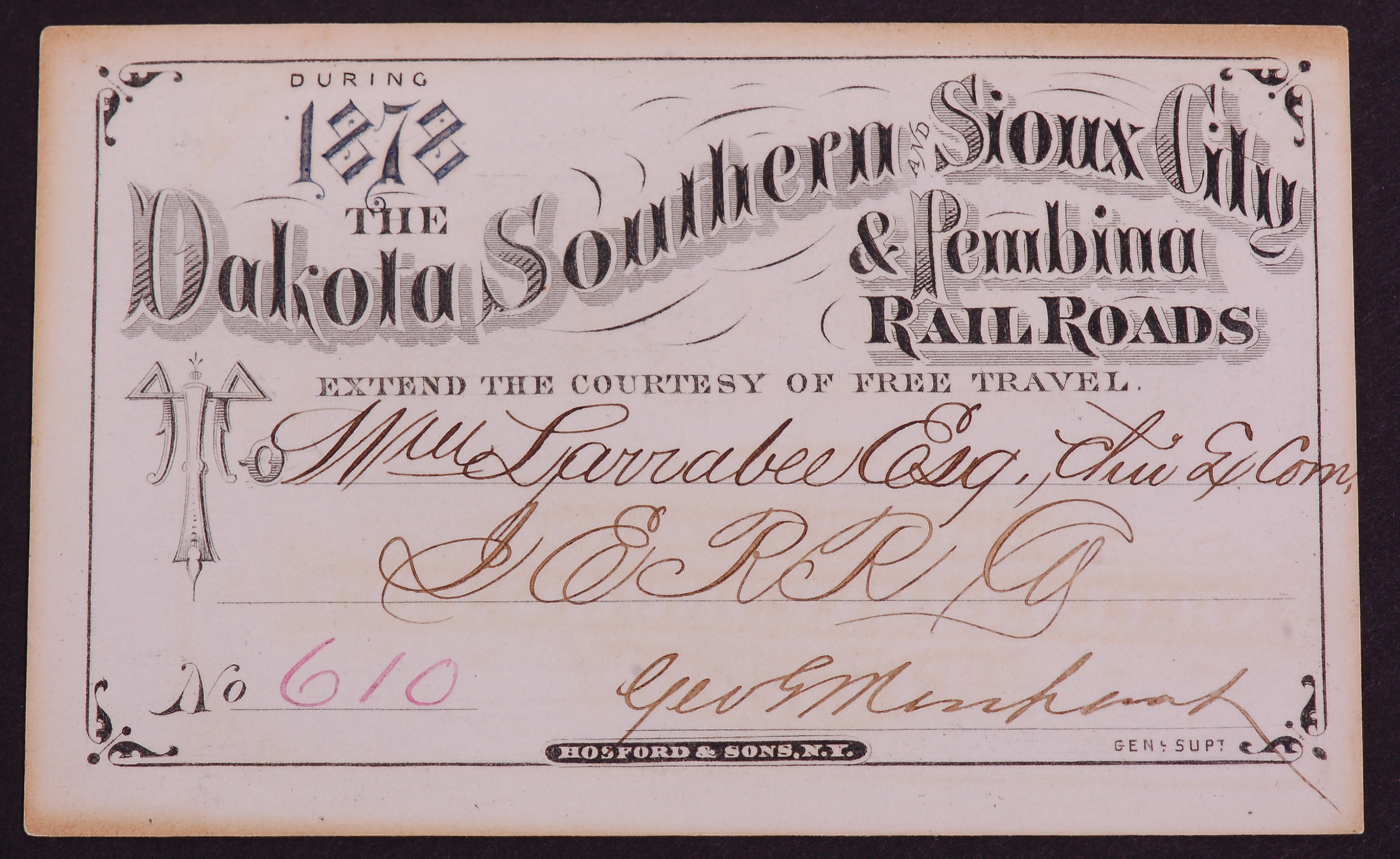 295 - The Dakota Southern and Sioux City & Pembina Railroads 1878 Annual Pass thumbnail