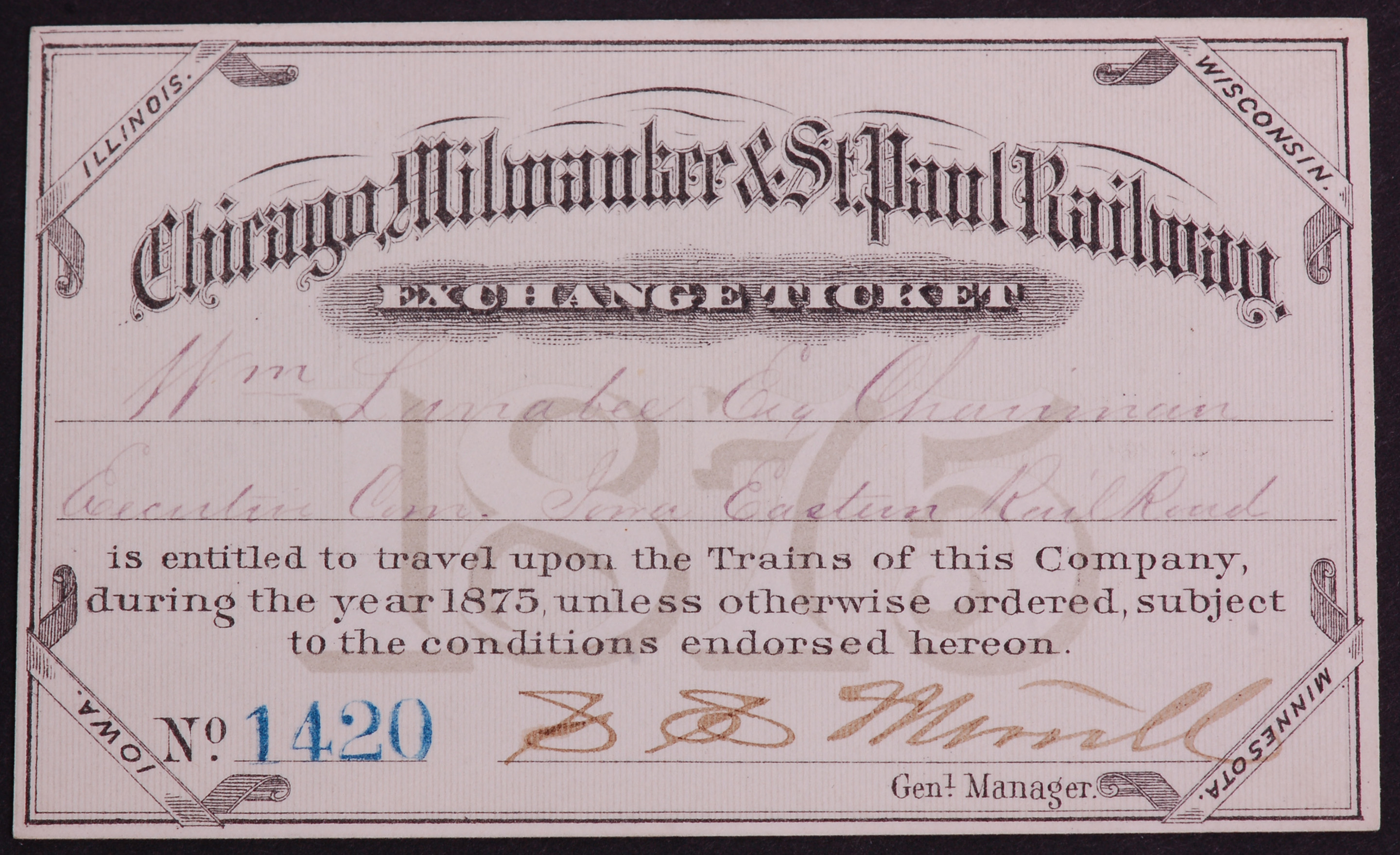 296 - Chicago, Milwaukee and St. Paul Railroad 1875 Annual Pass thumbnail
