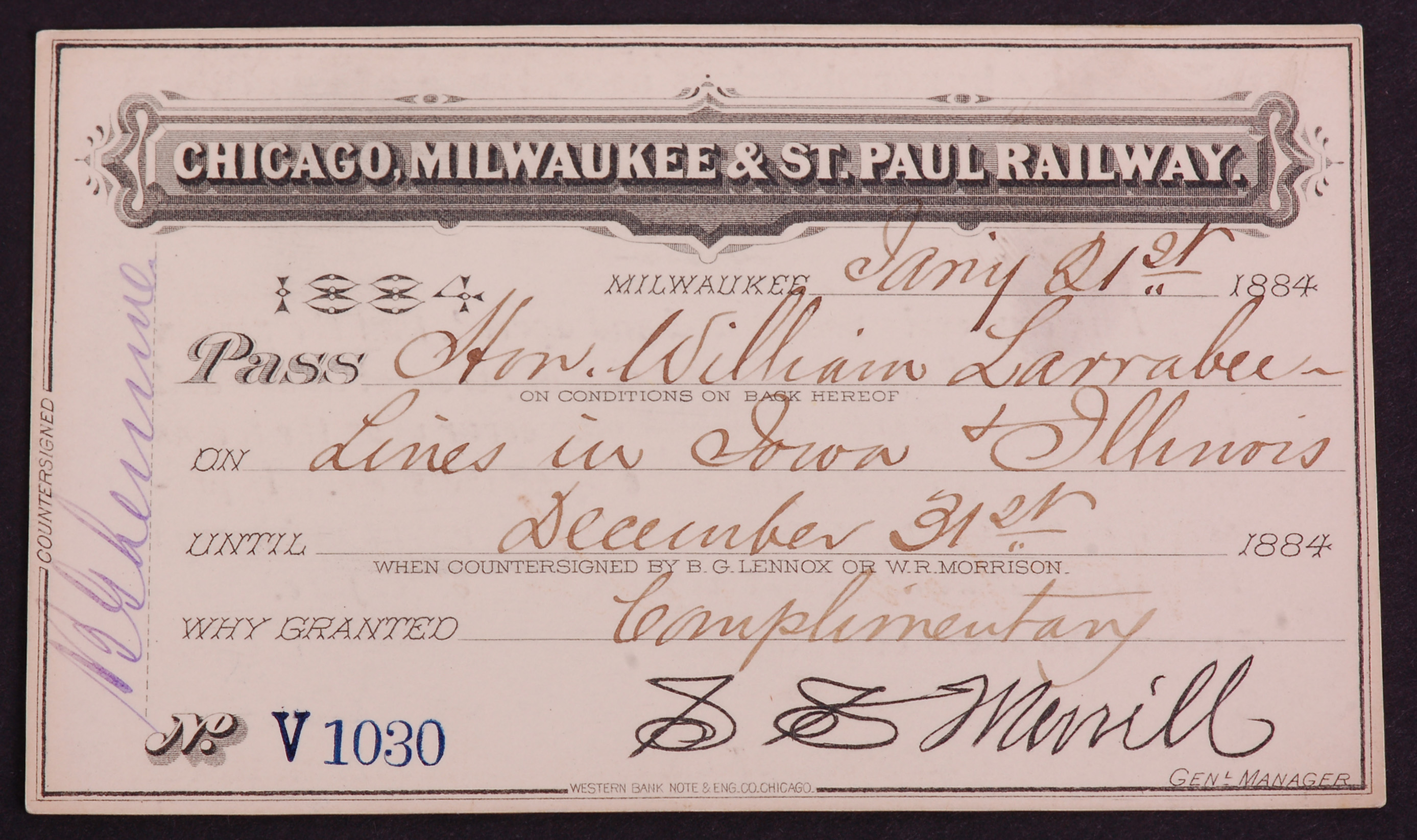 297 - Chicago, Milwaukee and St. Paul Railroad 1884 Annual Pass thumbnail