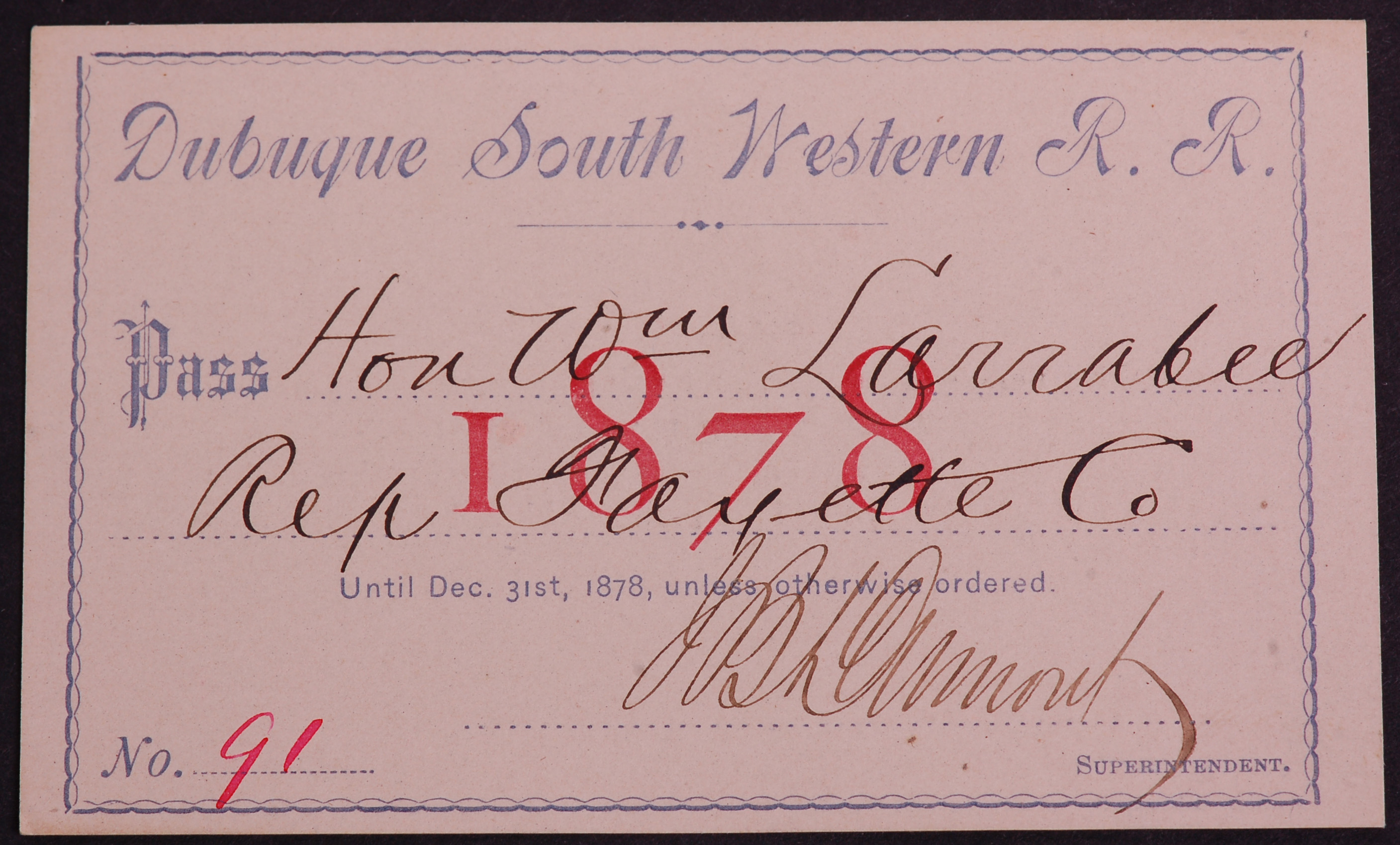 298 - Dubuque South Western Railroad 1878 Annual Pass - Low number thumbnail