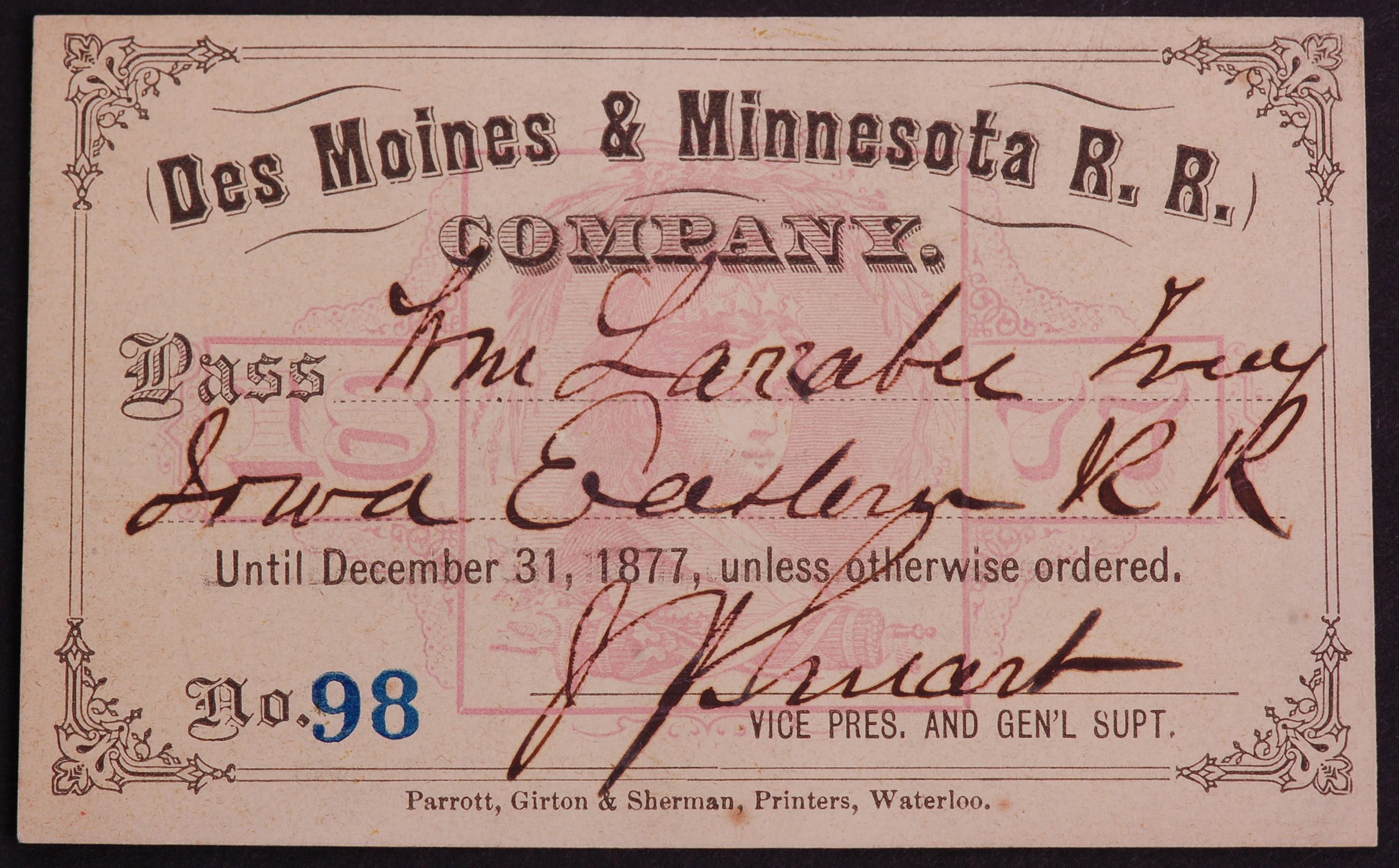 299 - Des Moines & Minnesota Railroad 1877 Annual Pass - Low Number thumbnail