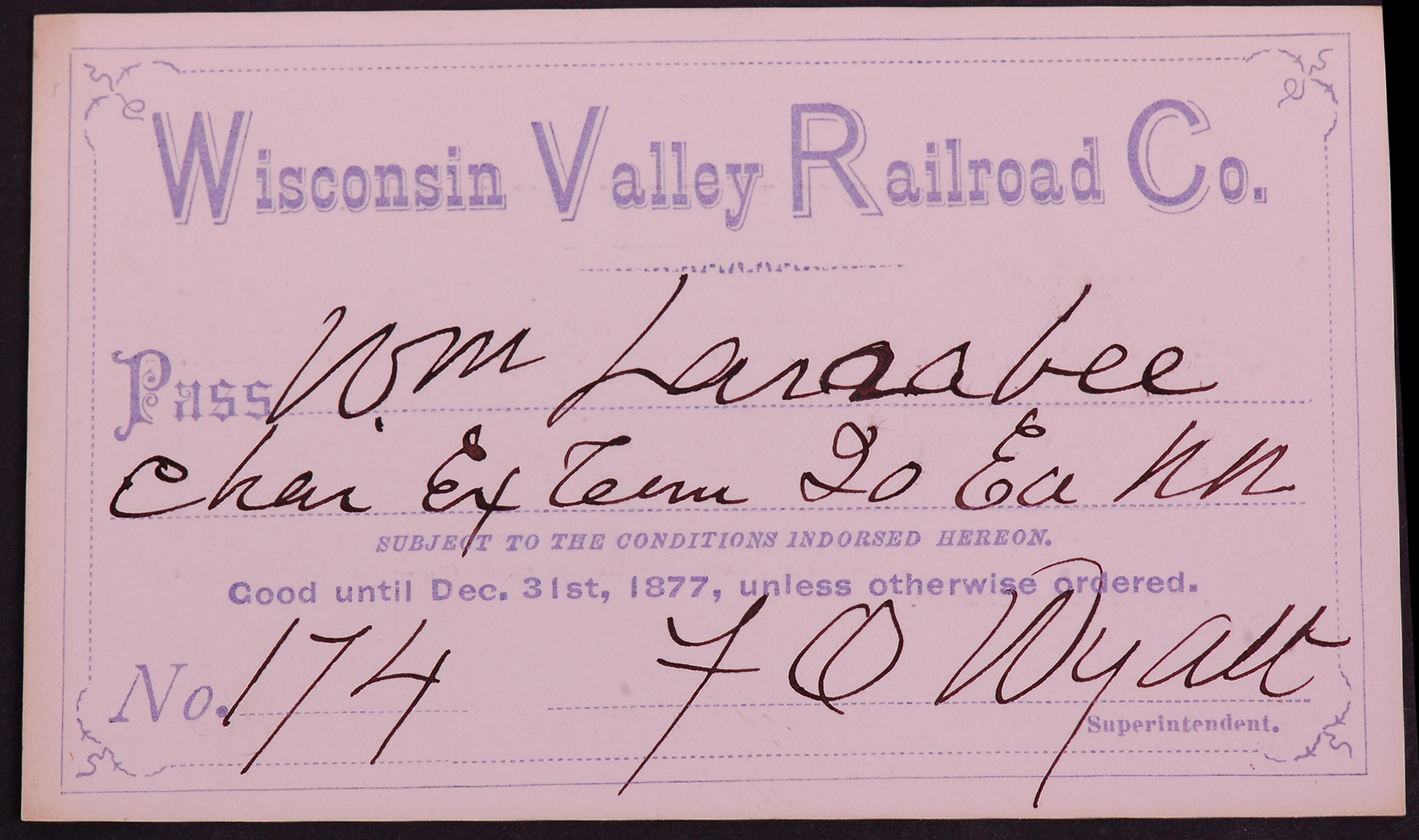 300 - Wisconsin Valley Railroad 1877 Annual Pass thumbnail