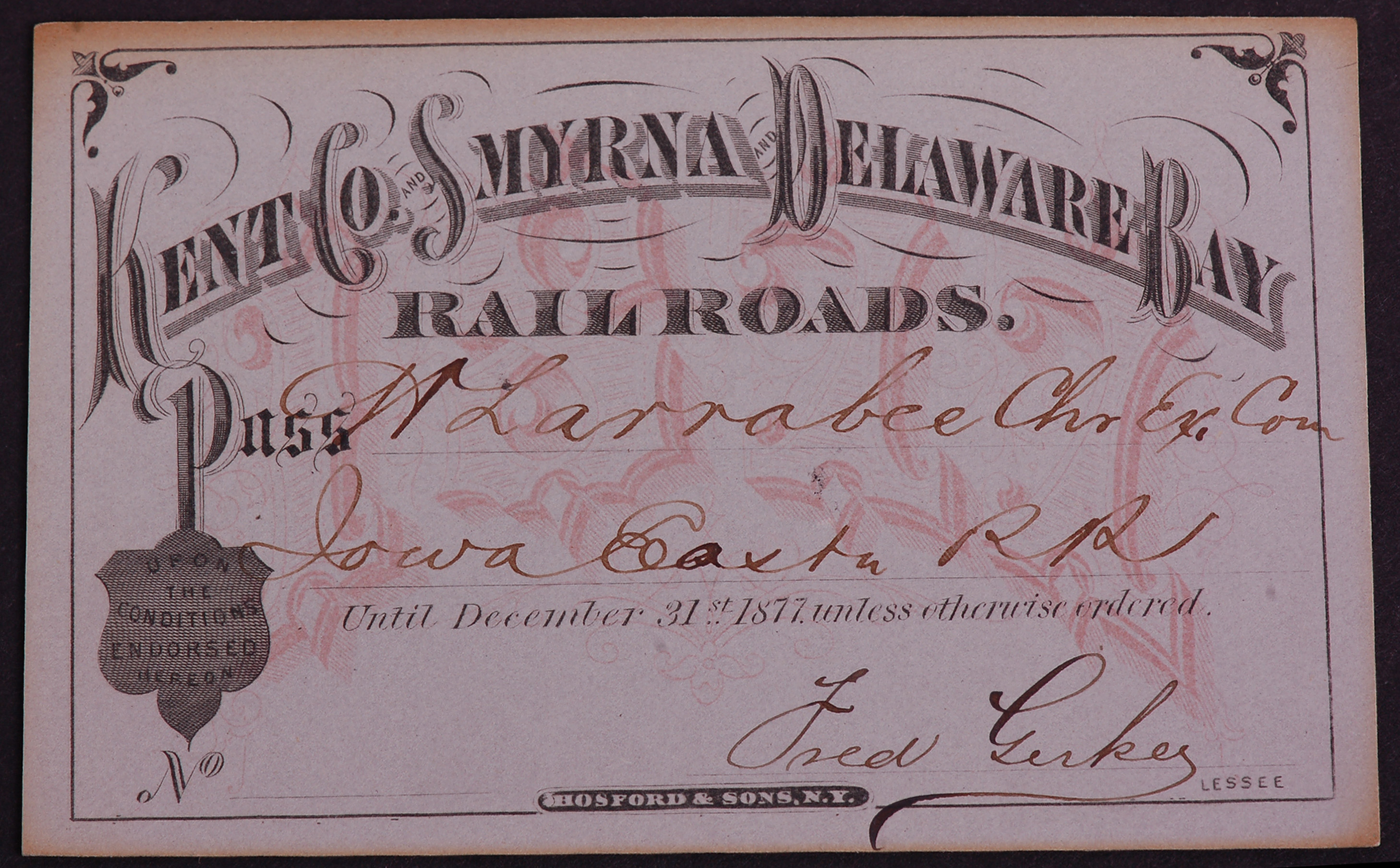 301 - Kent Co. Smyrna Delaware Bay Railroad 1877 Annual Pass thumbnail