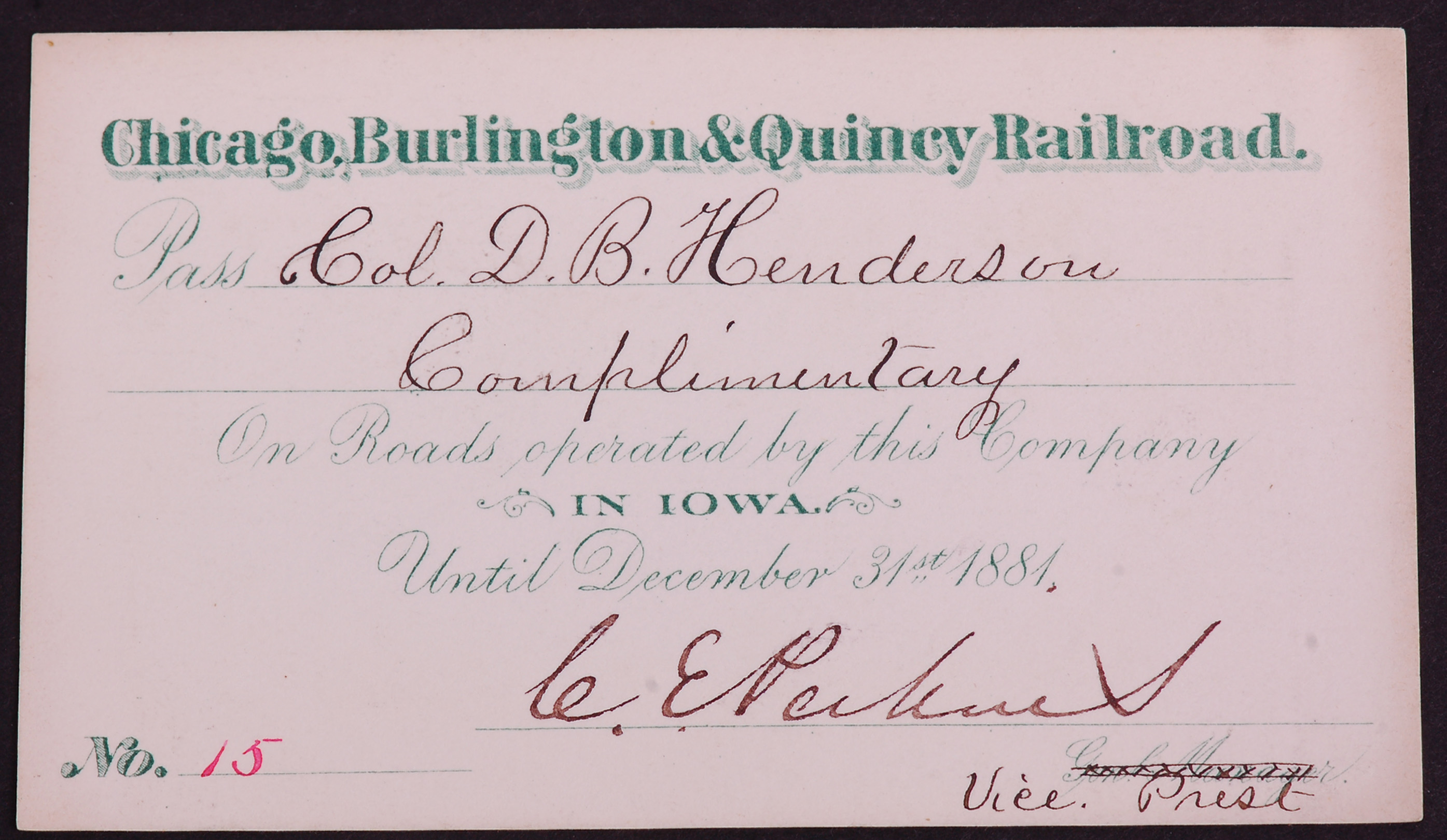 302 - Chicago Burlington & Quincy Railroad 1881 Annual Pass - Low Number thumbnail