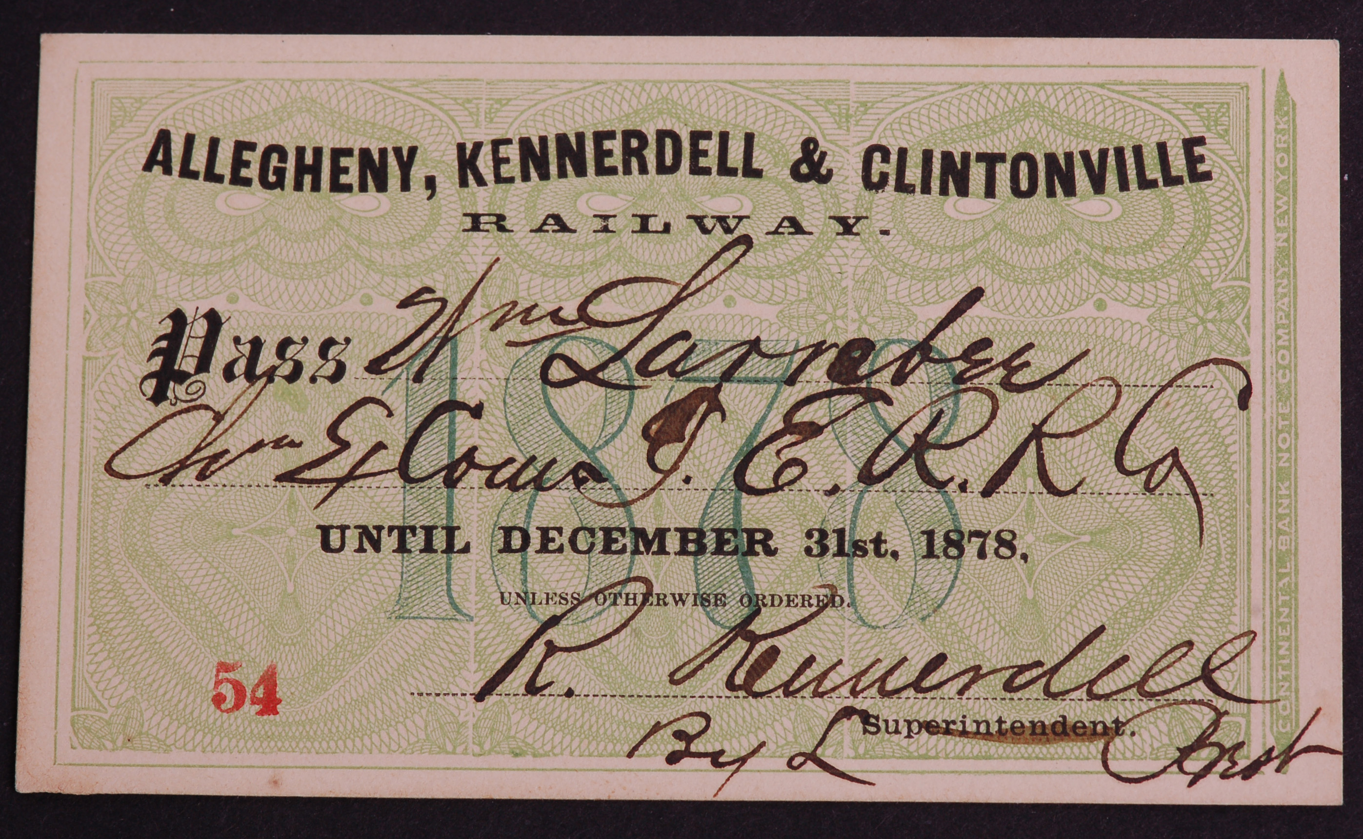 303 - Allegheny, Kennerdell & Clintonville Railway 1878 Annual Pass - Low Number thumbnail