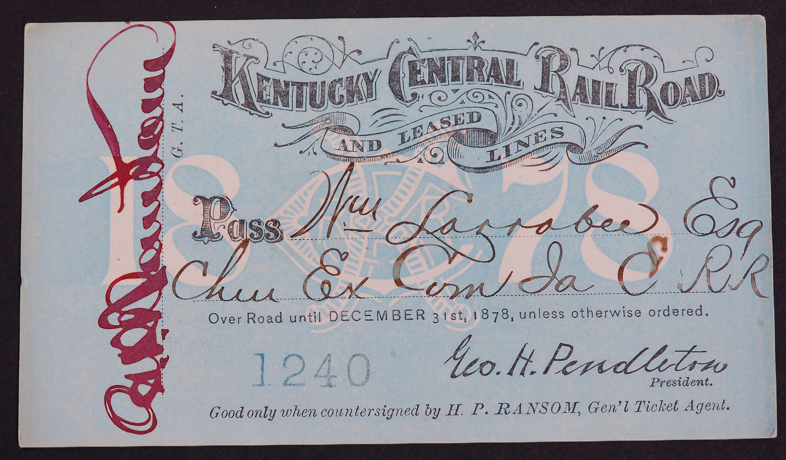 305 - Kentucky Central Railroad 1878 Annual Pass thumbnail