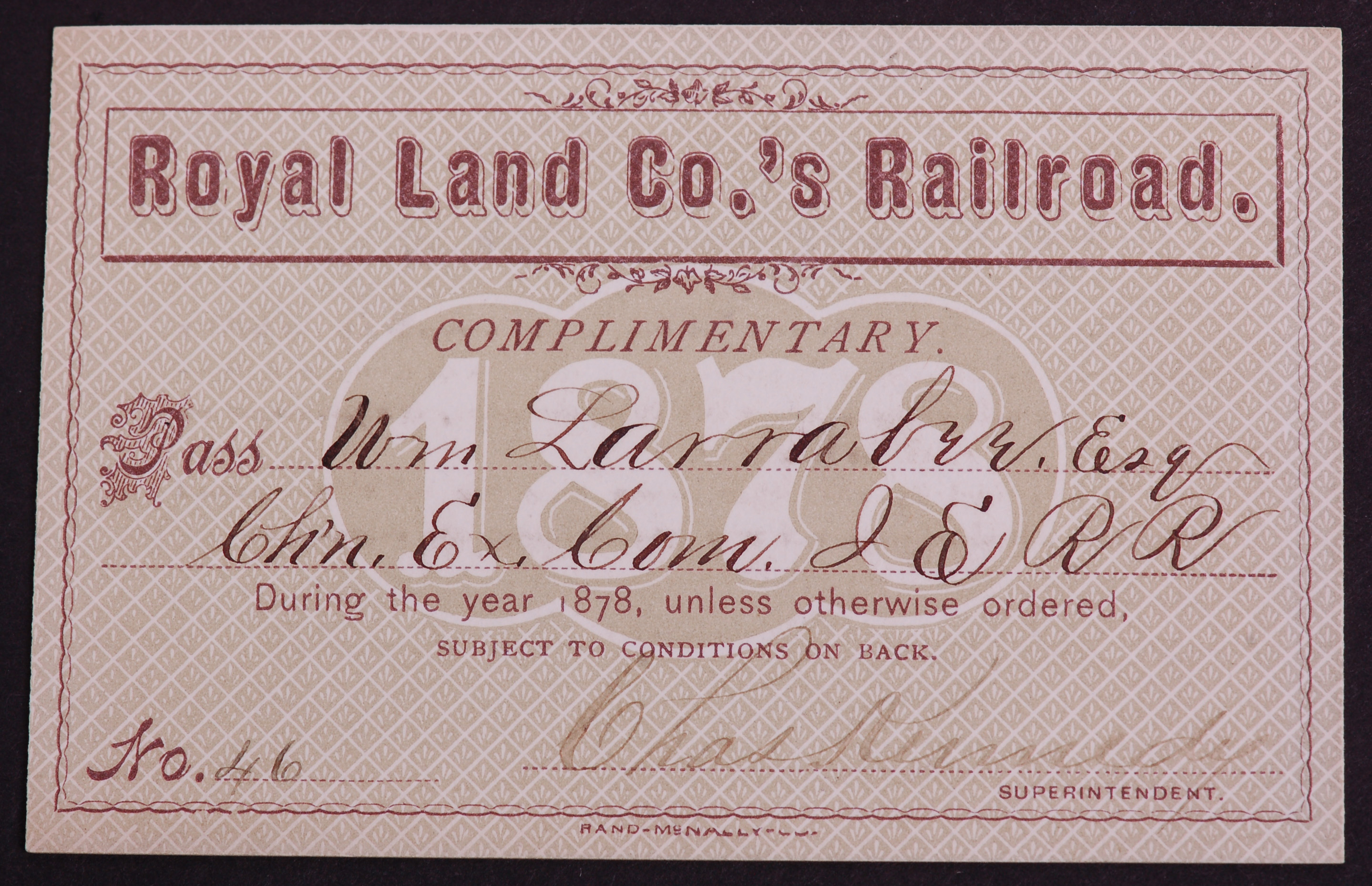 306 - Royal Land Co.'s Railroad 1878 Annual Pass thumbnail