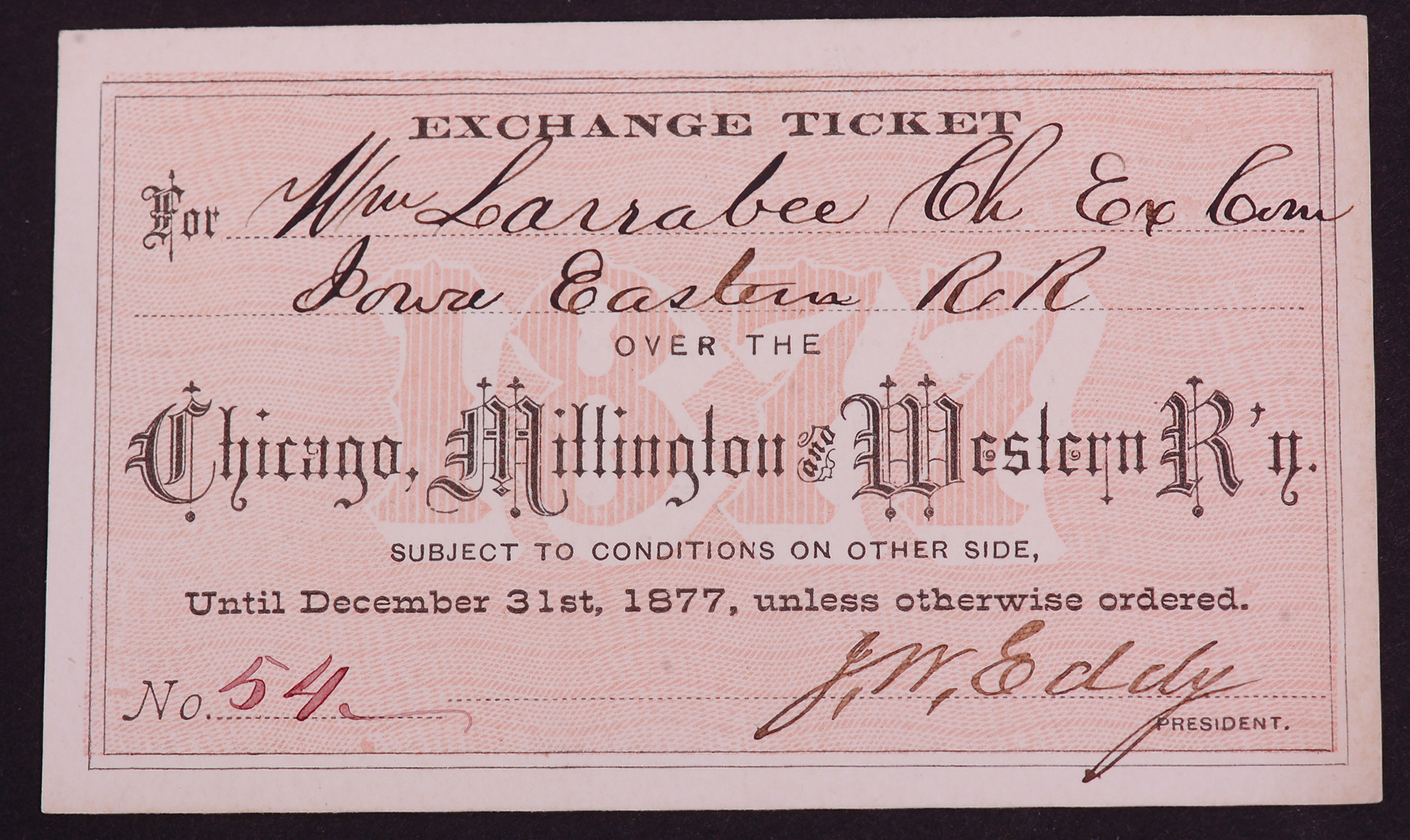 307 - Chicago, Millington & Western Railroad 1877 Annual Pass - Low Number / Presidential Signed thumbnail