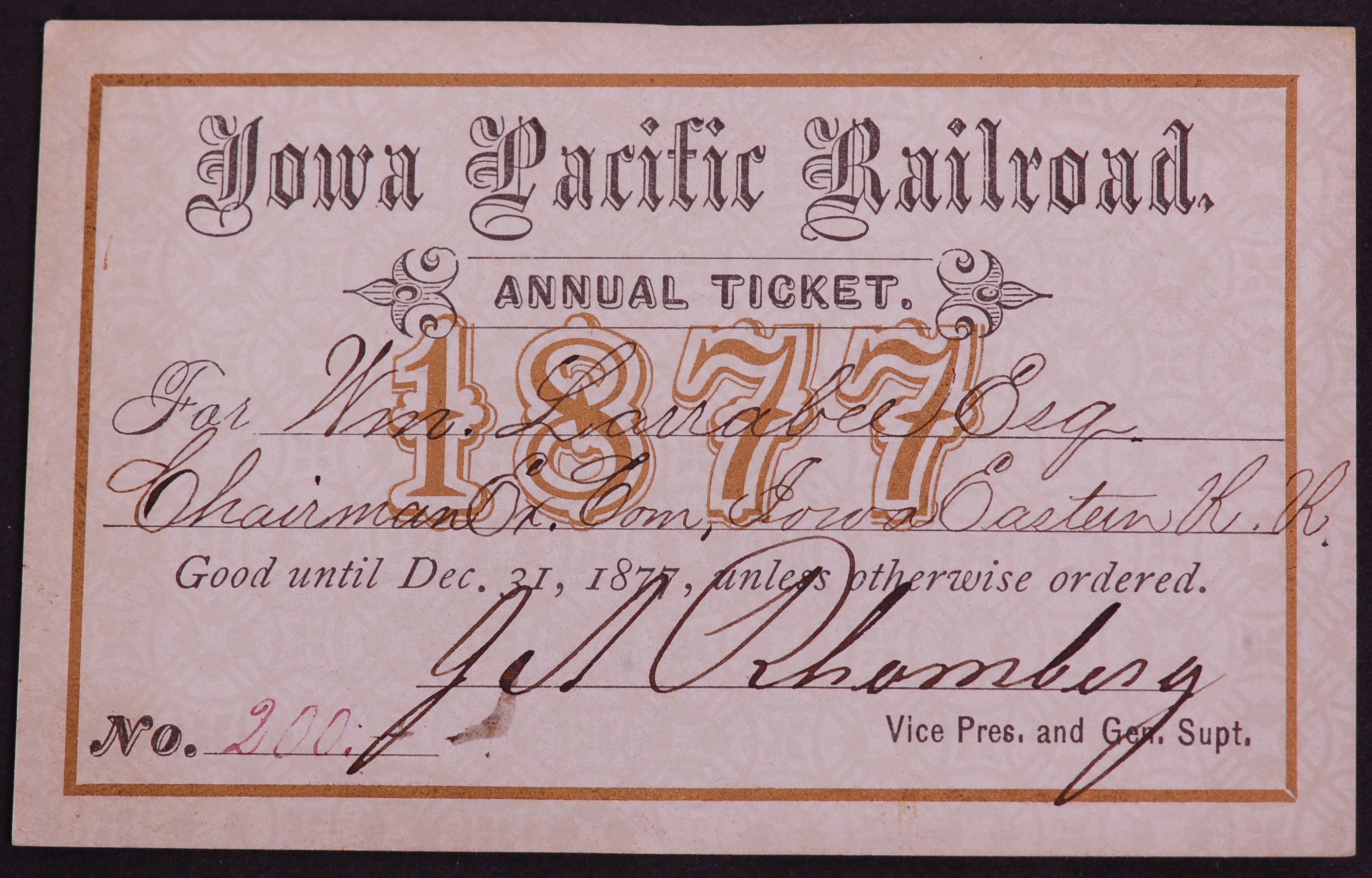 308 - Iowa Pacific Railroad 1877 Annual Pass thumbnail
