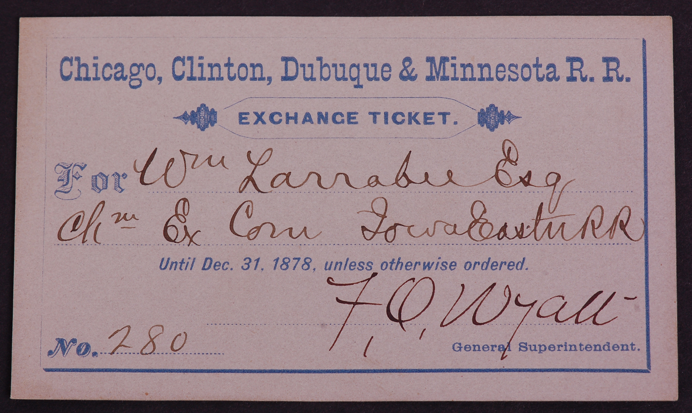 309 - Chicago, Clinton, Dubuque & Minnesota Railroad 1878 Annual Pass thumbnail