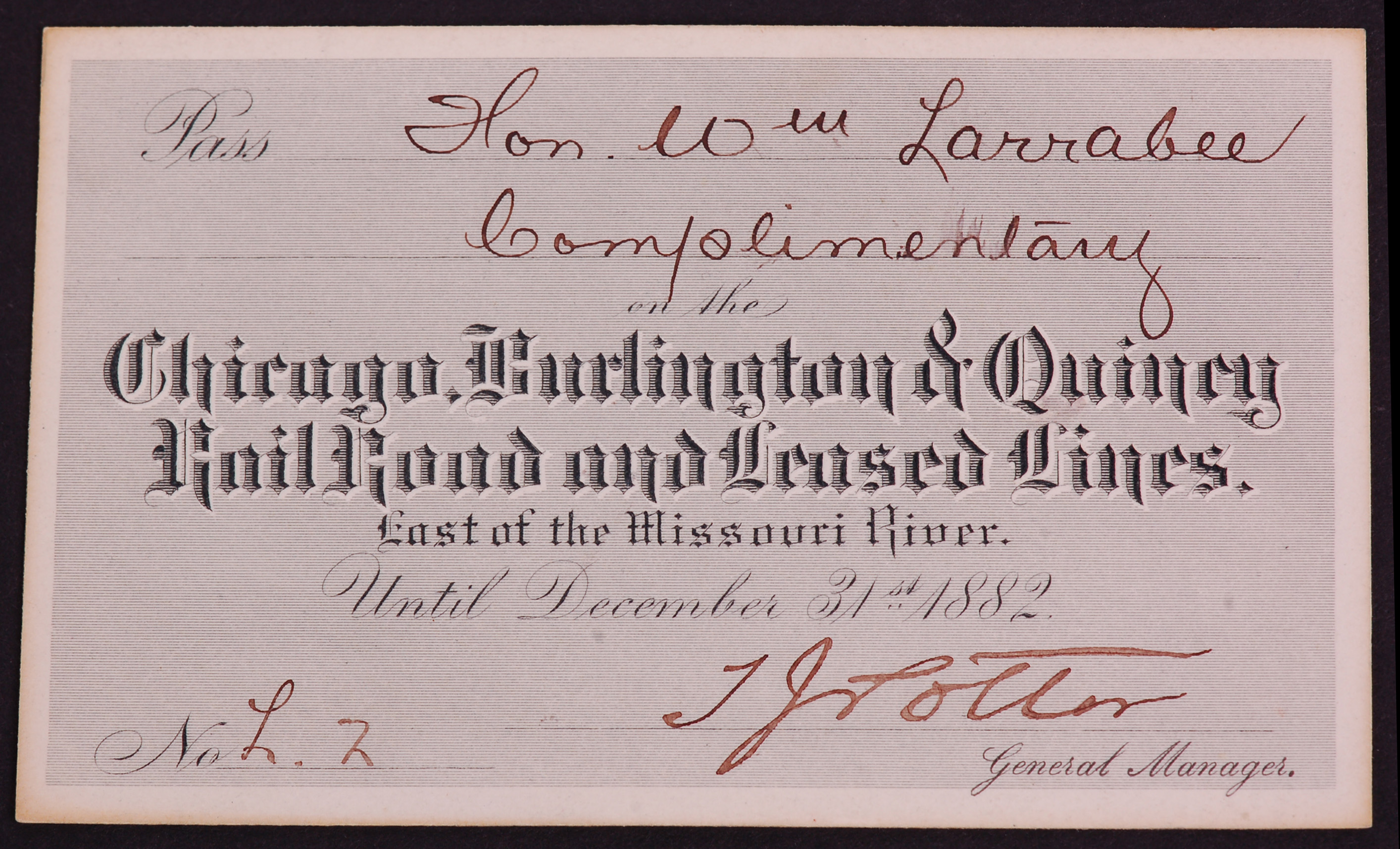 313 - Pair of Chicago, Burlington & Quincy Railroad 1882 Annual Passes thumbnail