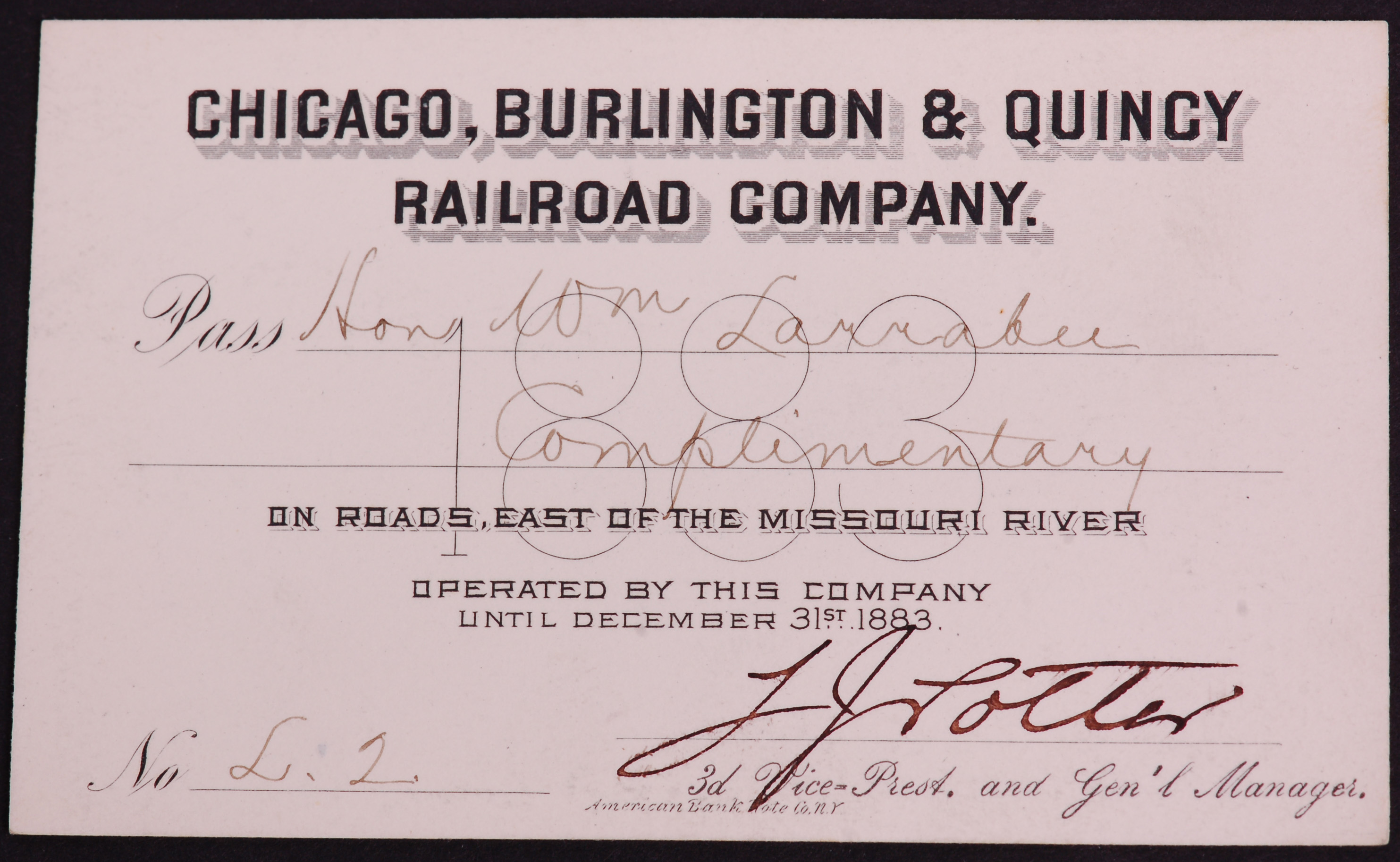 314 - Pair of Chicago, Burlington & Quincy Railroad 1883 Annual Passes thumbnail