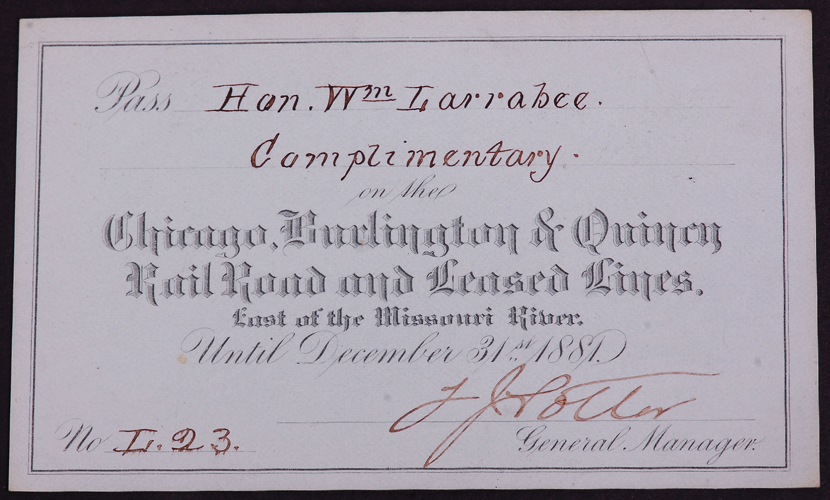 315 - Chicago Burlington & Quincy Railroad 1881 Annual Pass thumbnail