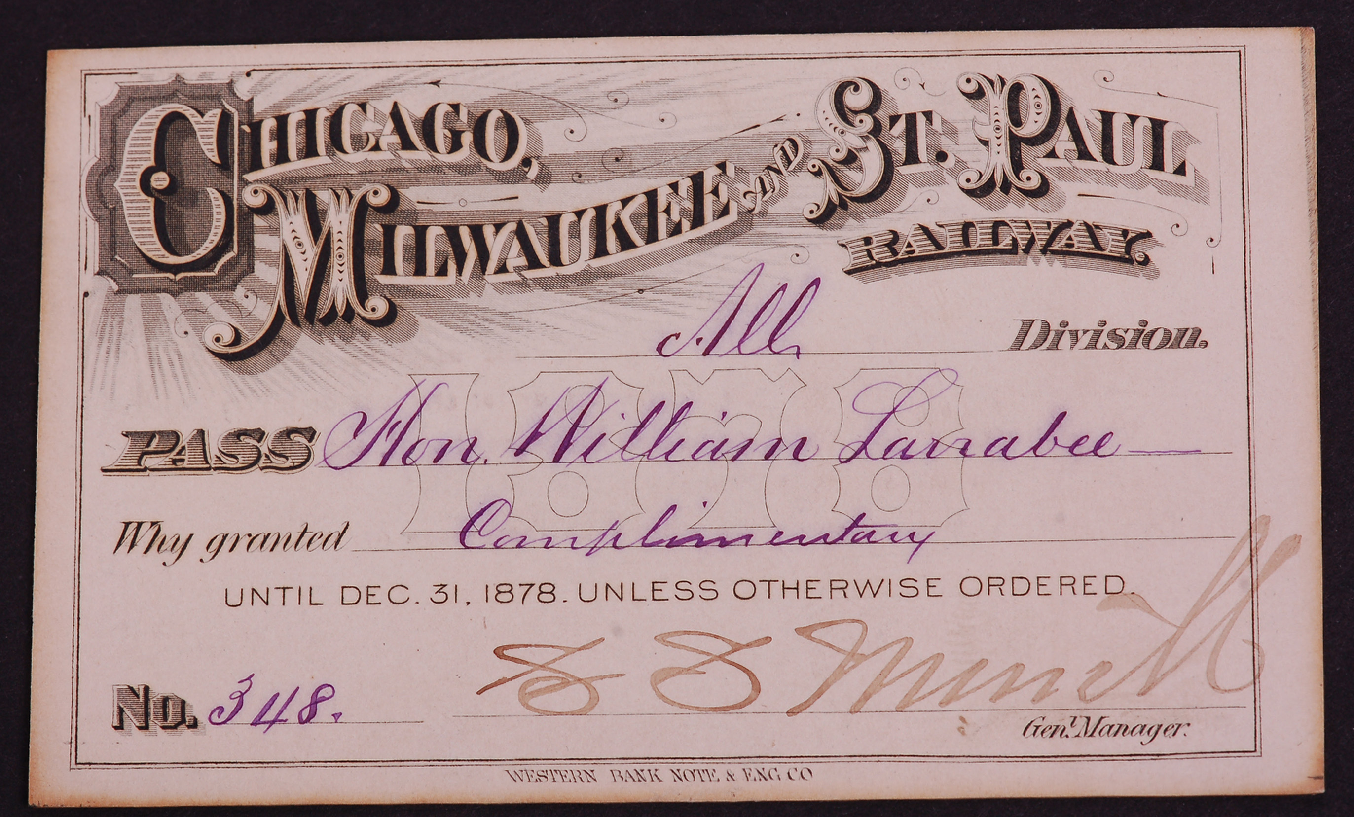 316 - Chicago, Milwaukee and St. Paul Railroad 1878 Annual Pass thumbnail