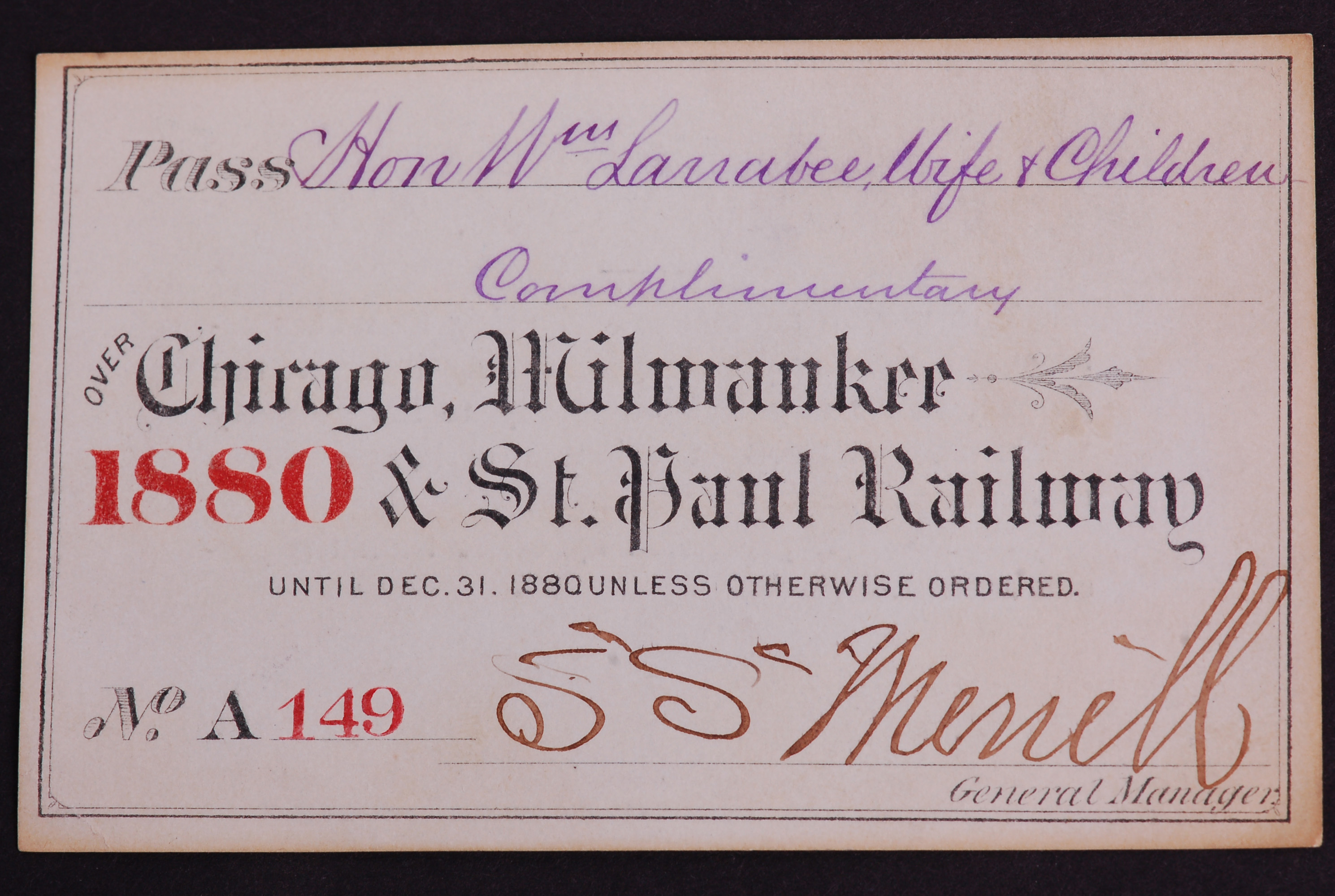 317 - Chicago, Milwaukee and St. Paul Railroad 1880 Annual Pass thumbnail