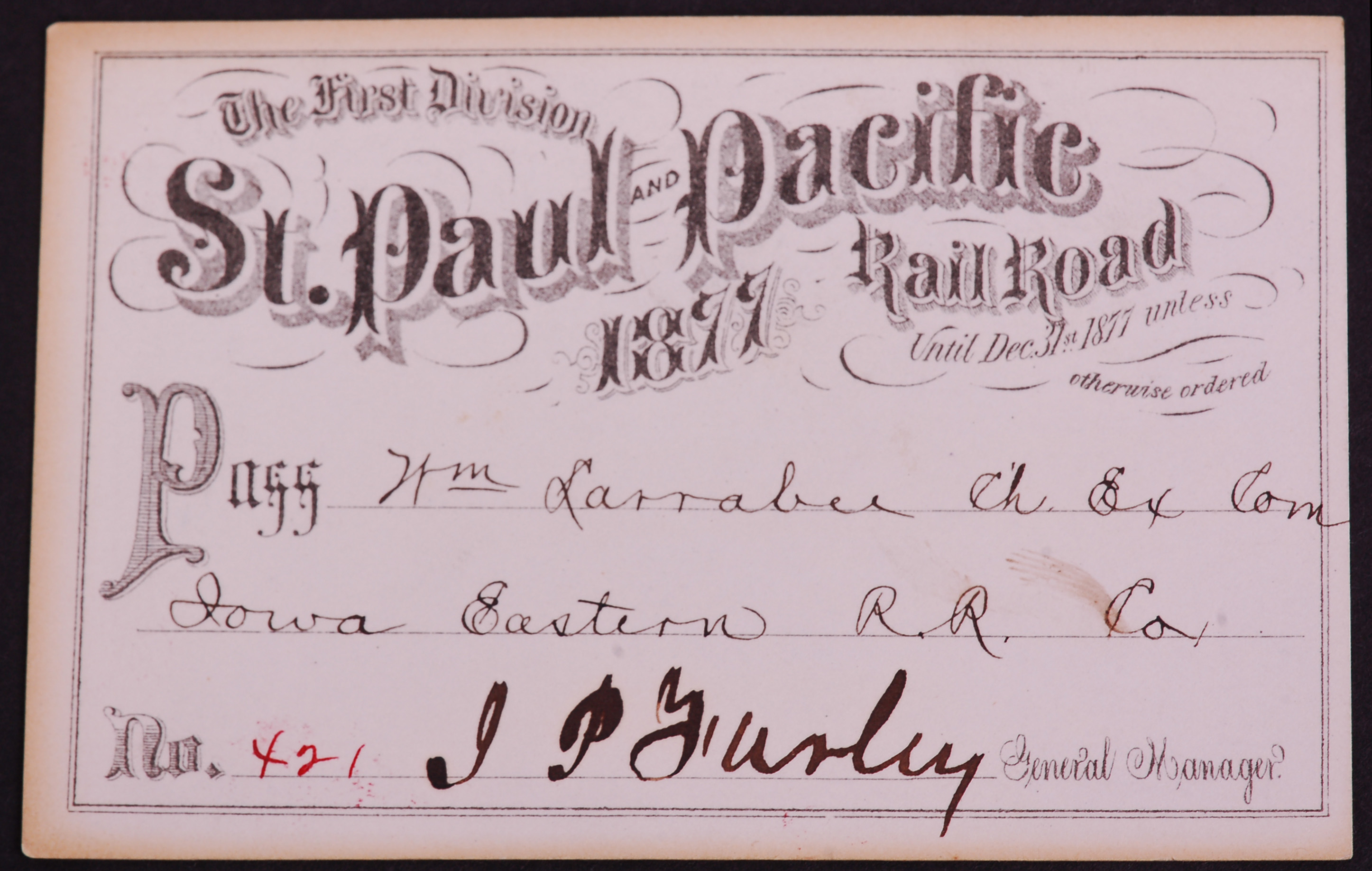318 - The First Division St. Paul and Pacific Railroad 1877 Annual Pass thumbnail