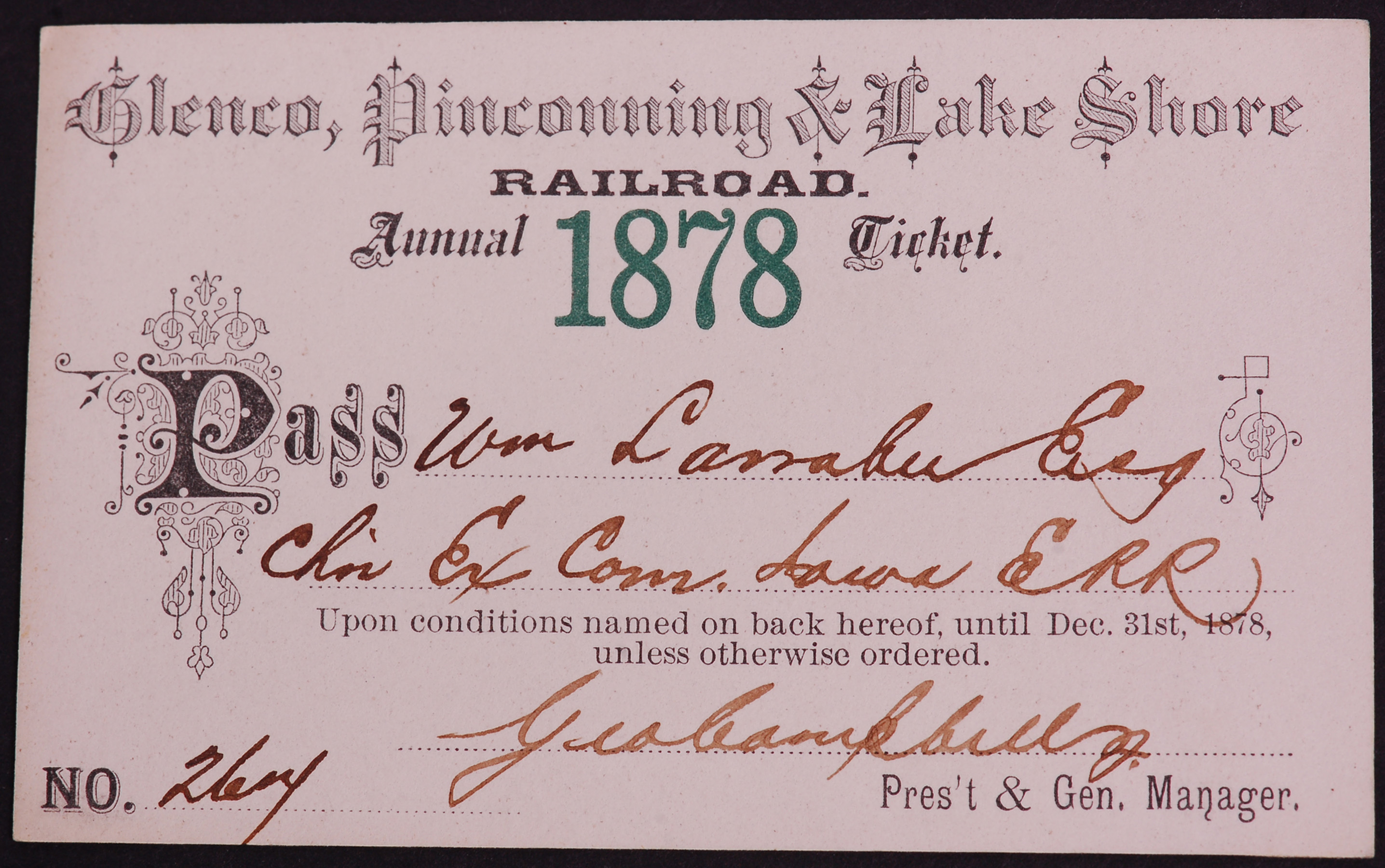 320 - Glenco, Pineconning & Lake Shore Railroad 1878 Annual Pass thumbnail