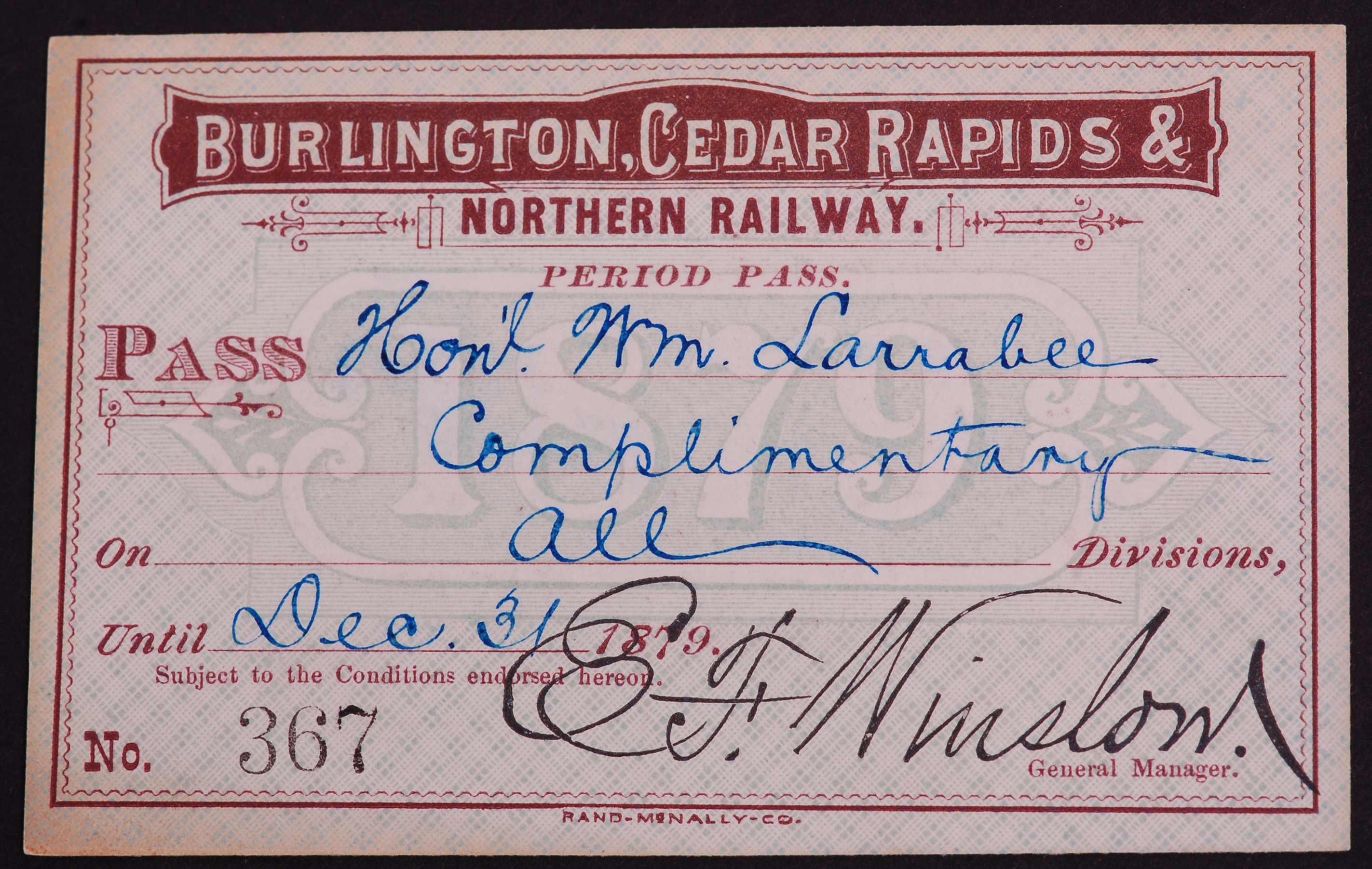 321 - Burlington, Cedar Rapids & Northern Railway 1879 Annual Pass w/ Stamp on Reverse thumbnail