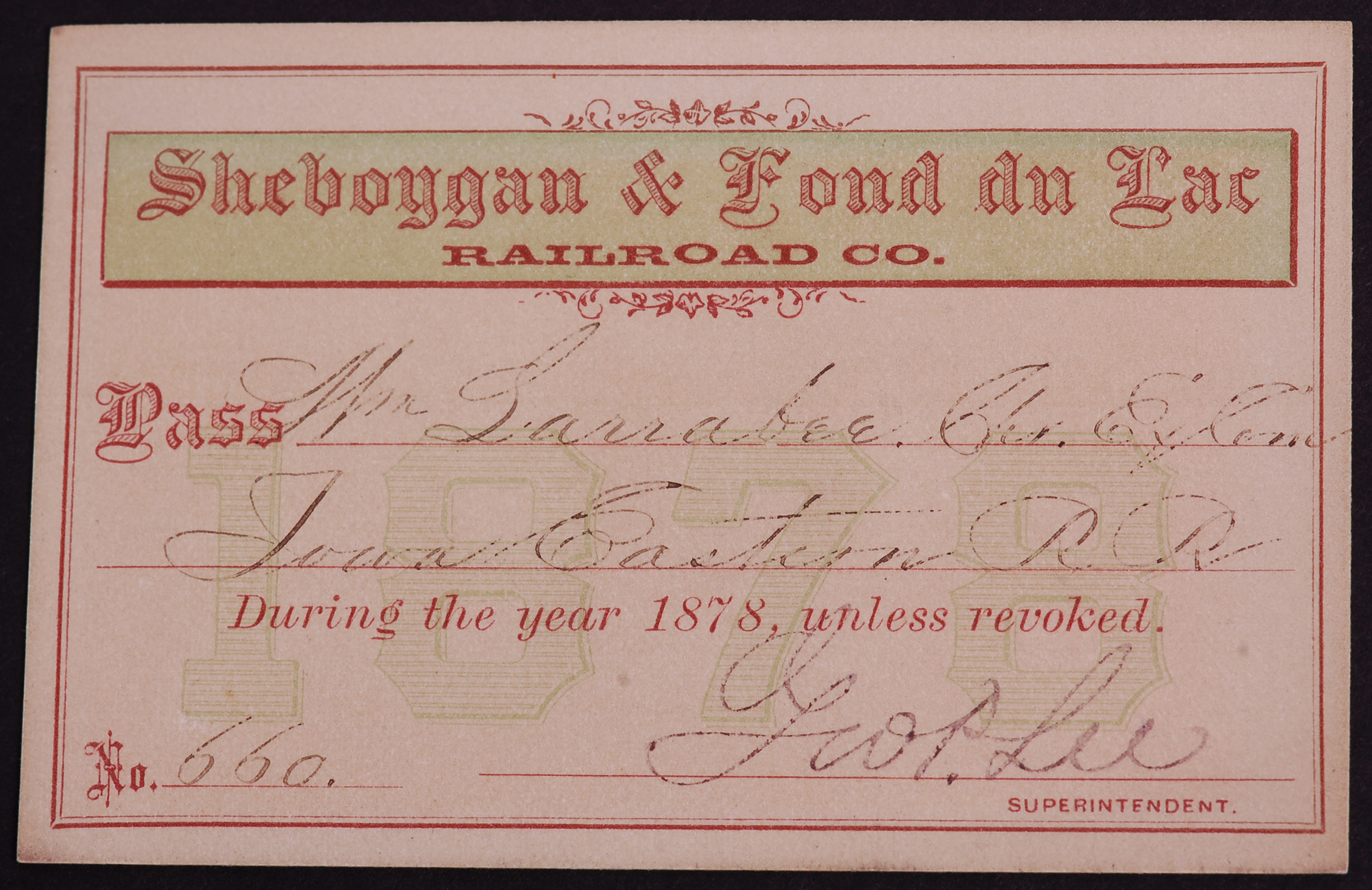 322 - Sheboygan and Fond du Lac Railroad 1878 Annual Pass thumbnail