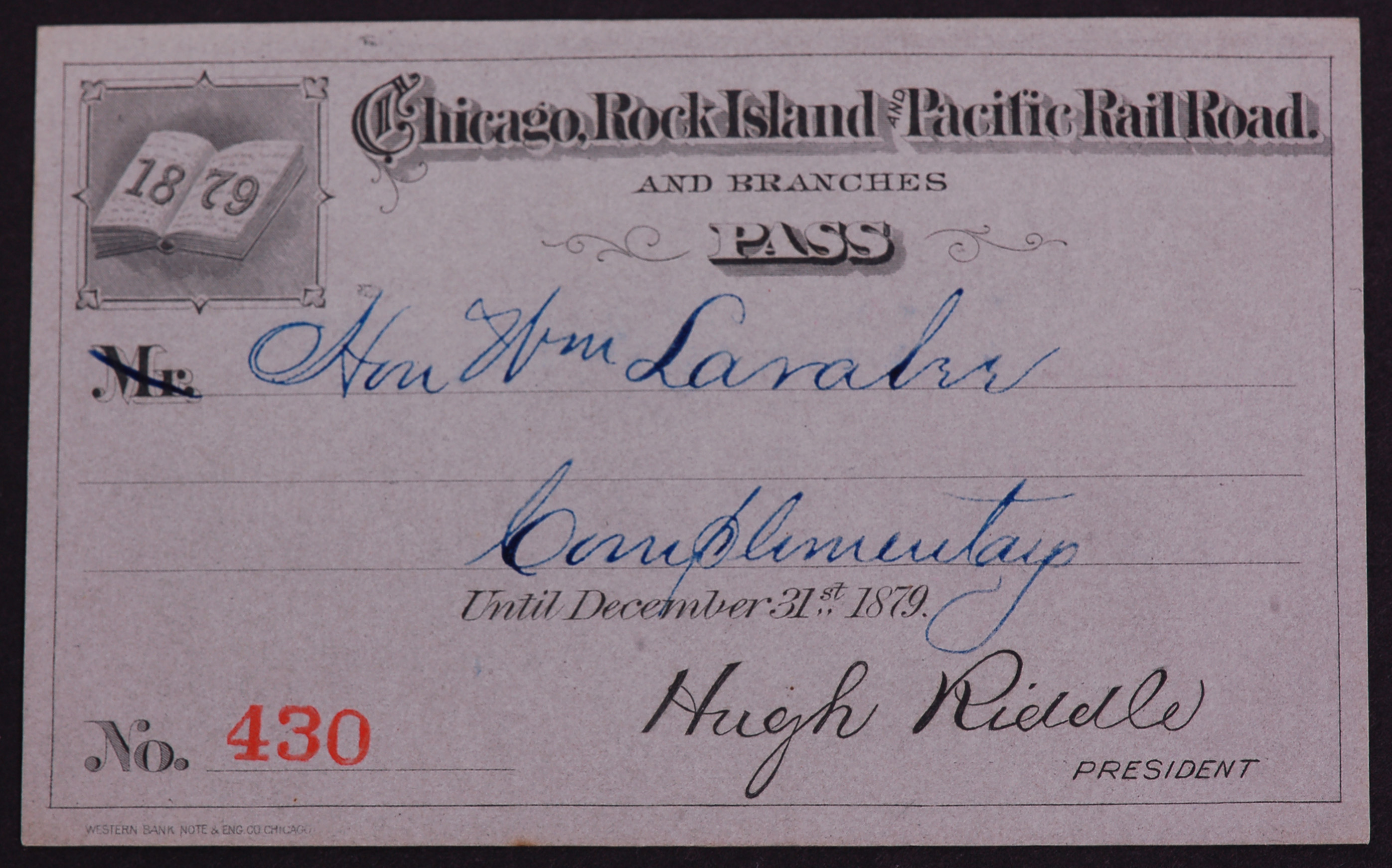 323 - Chicago Rock Island and Pacific Railroad 1879 Annual Pass thumbnail