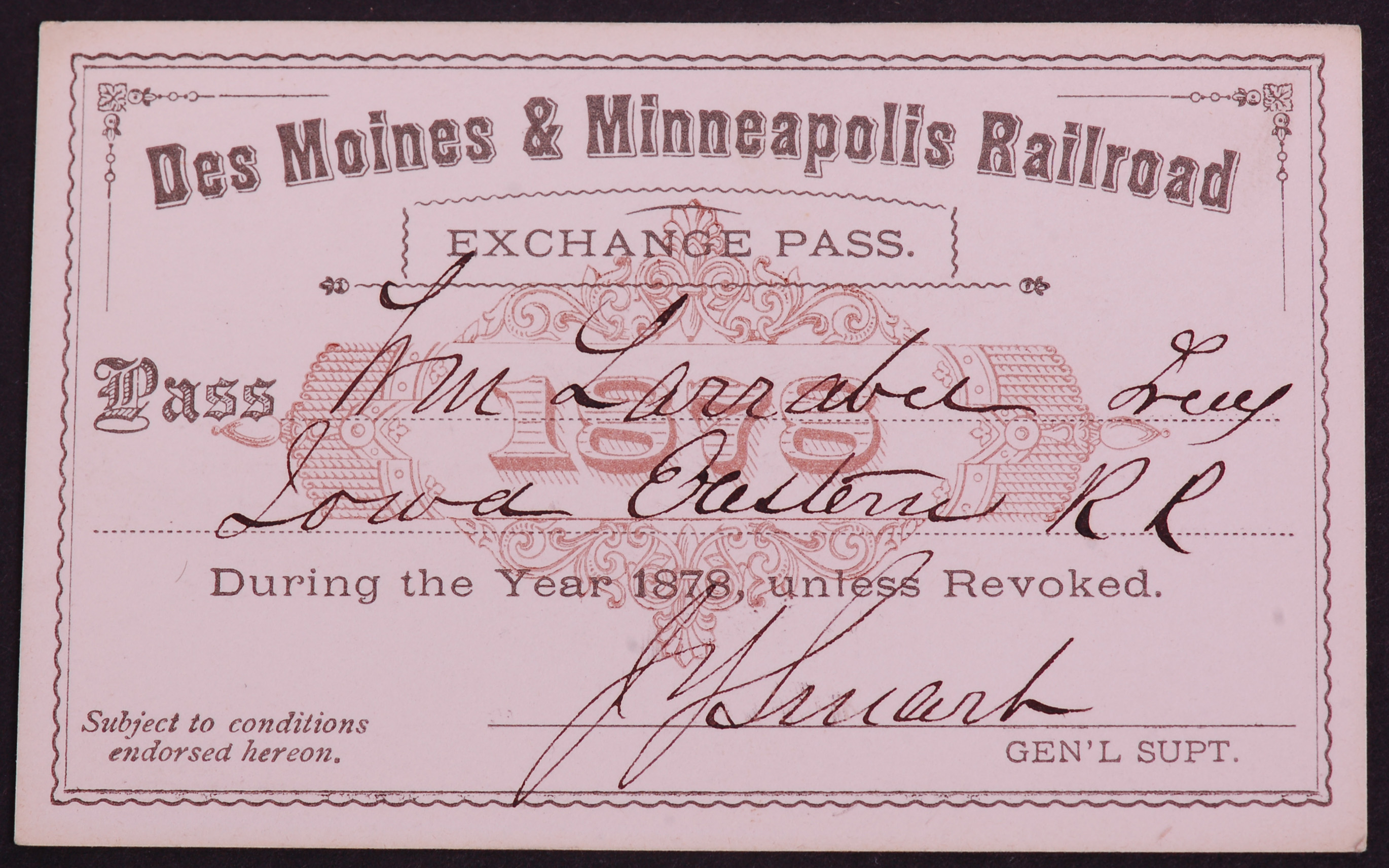 324 - Des Moines & Minneapolis Railroad 1878 Annual Pass thumbnail