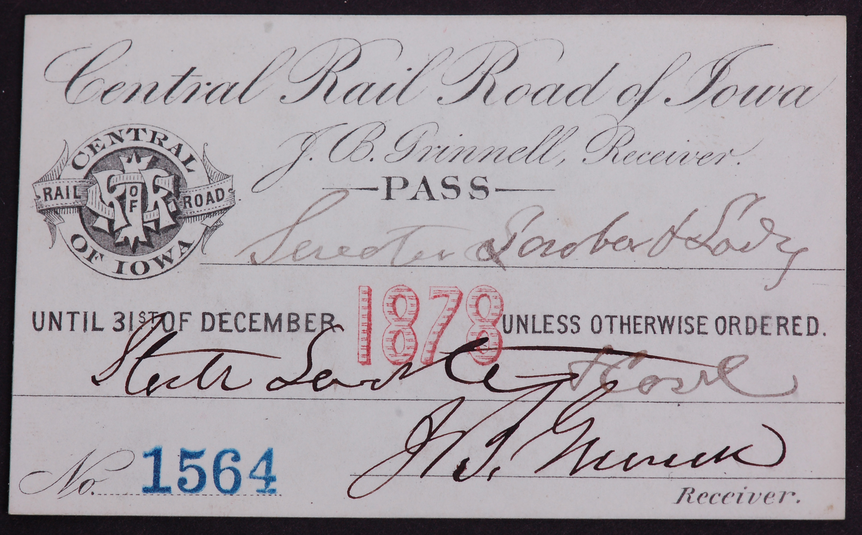 325 - Central Railroad of Iowa 1878 Annual Pass thumbnail