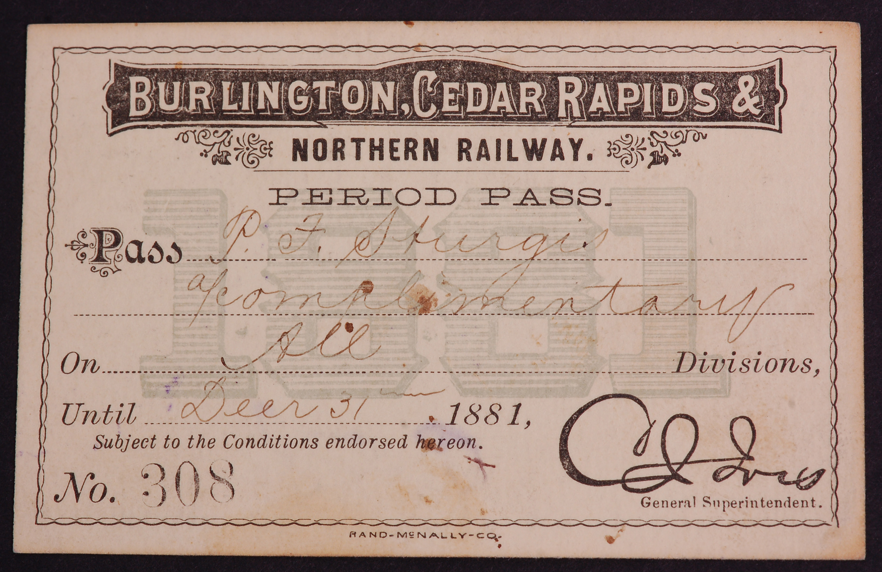 326 - Burlington, Cedar Rapids & Northern Railway 1881 Annual Pass thumbnail