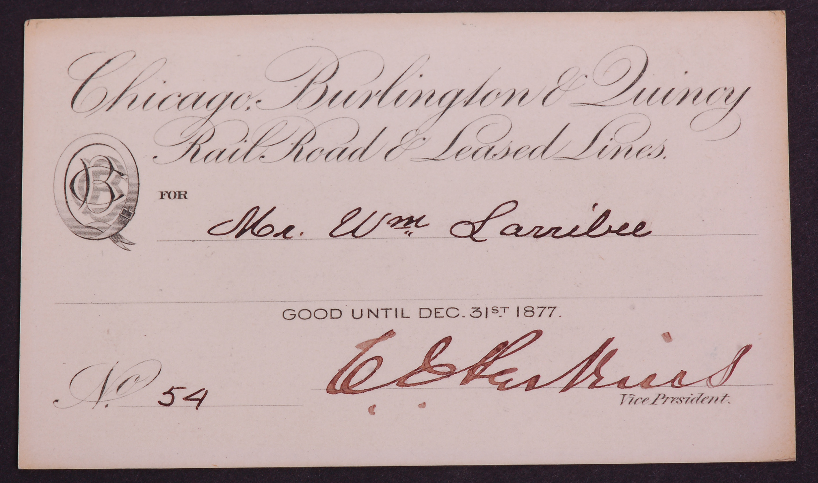 327 - Chicago Burlington & Quincy Railroad 1877 Annual Pass - Low Number thumbnail