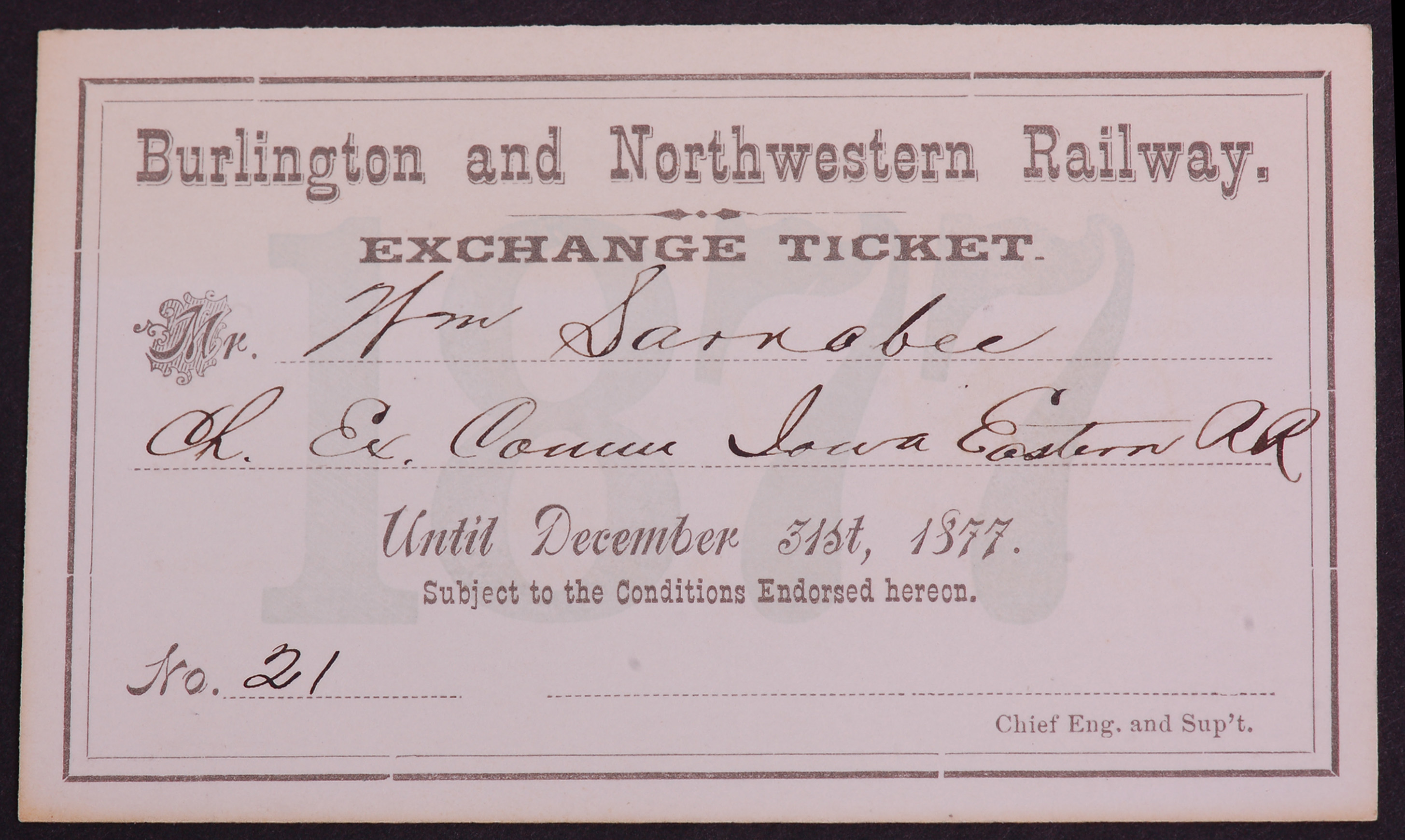 328 - Burlington and Northwestern Railroad 1877 Annual Pass - Low Number thumbnail