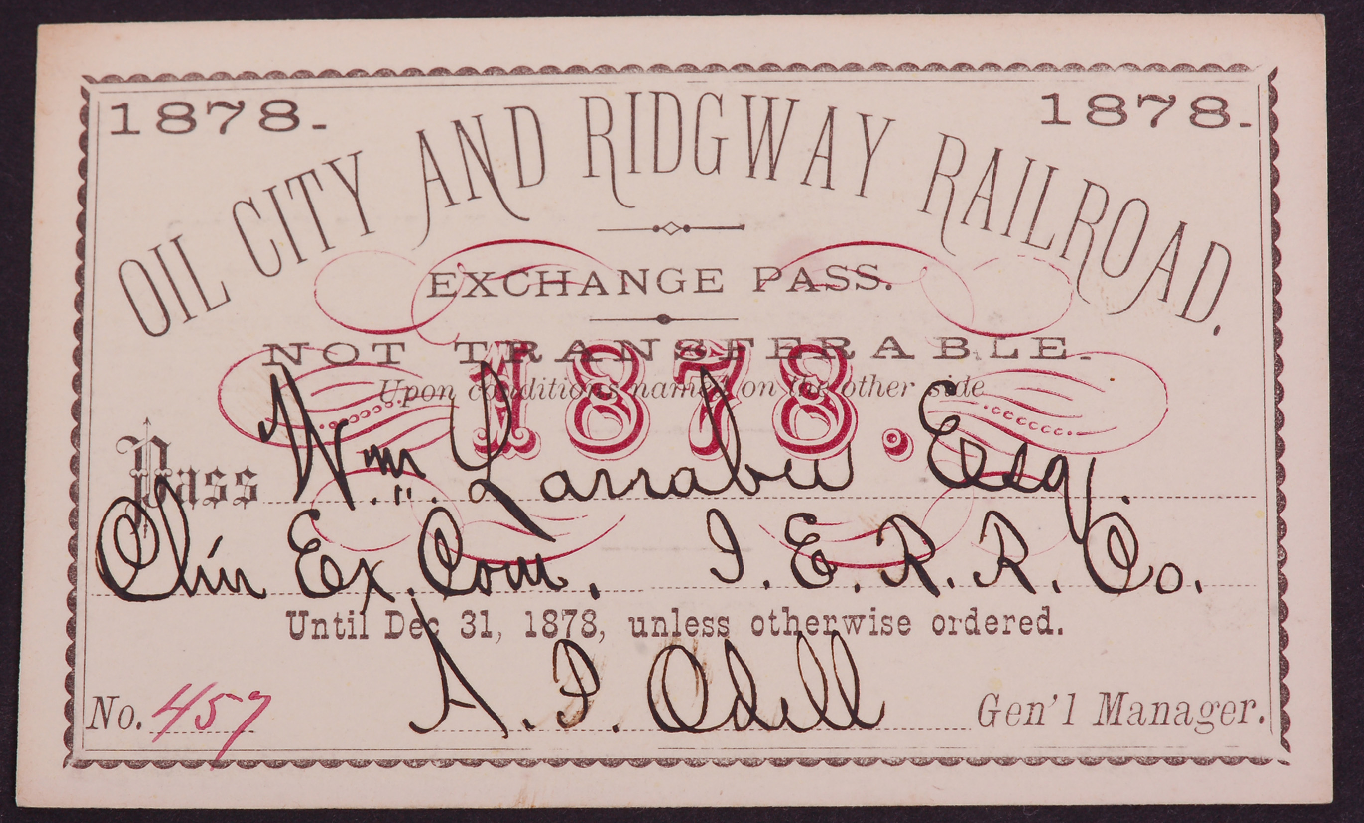 329 - 1878 Oil City and Ridgway Railroad Annual Pass thumbnail