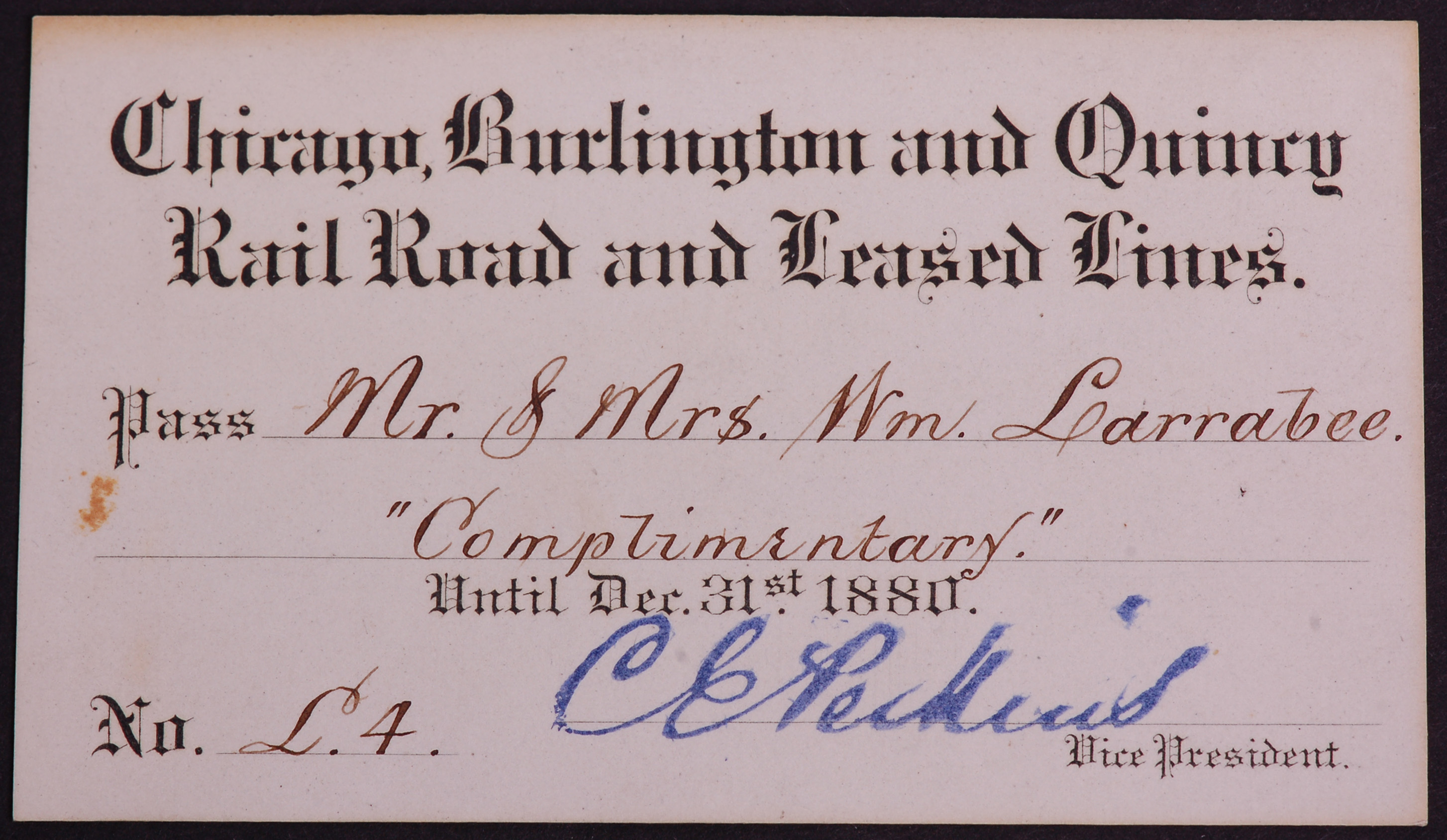 330 - Chicago Burlington & Quincy Railroad 1880 Annual Pass thumbnail