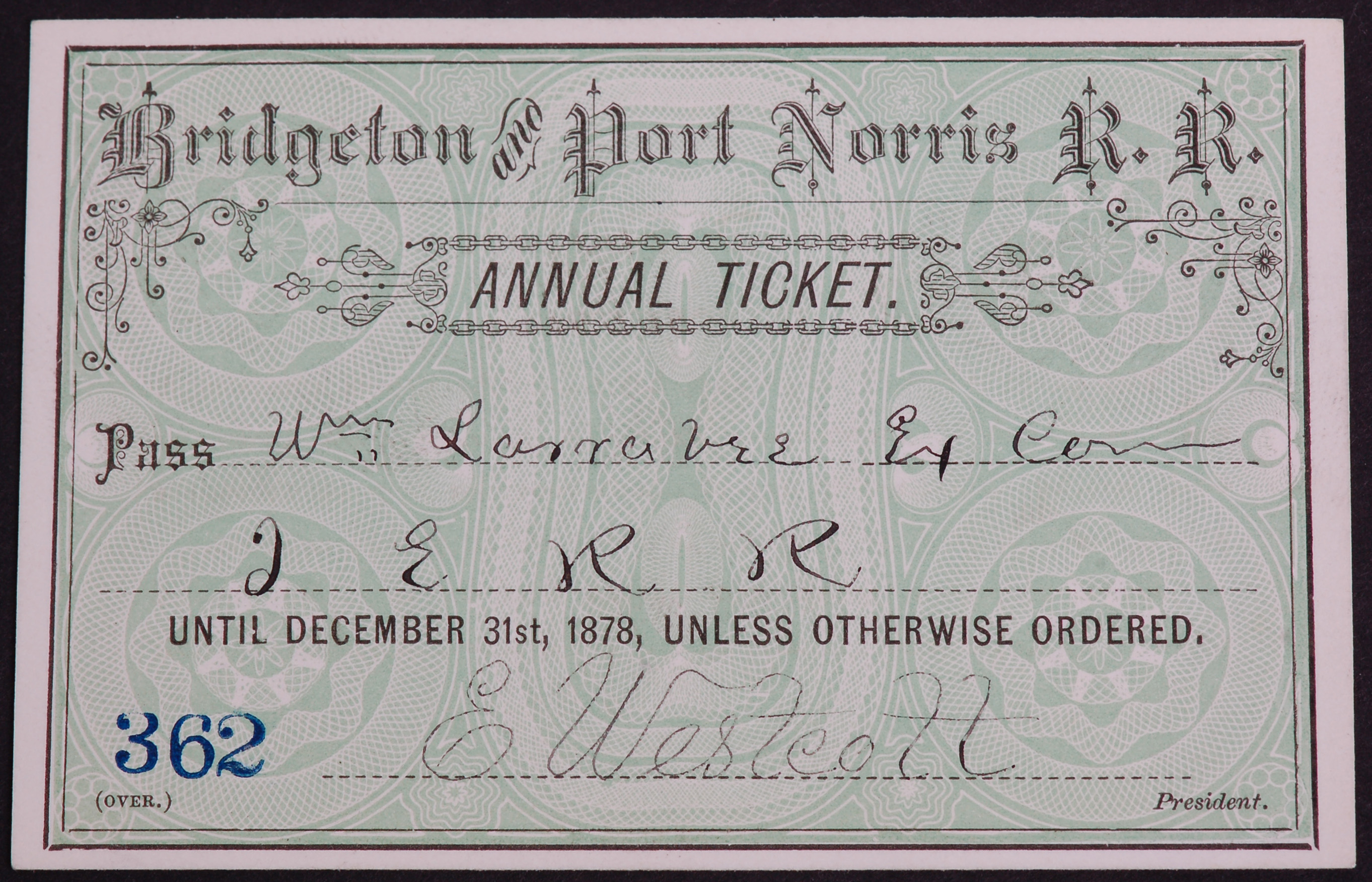 331 - Bridgeton and Port Norris Railroad 1878 Annual Pass thumbnail