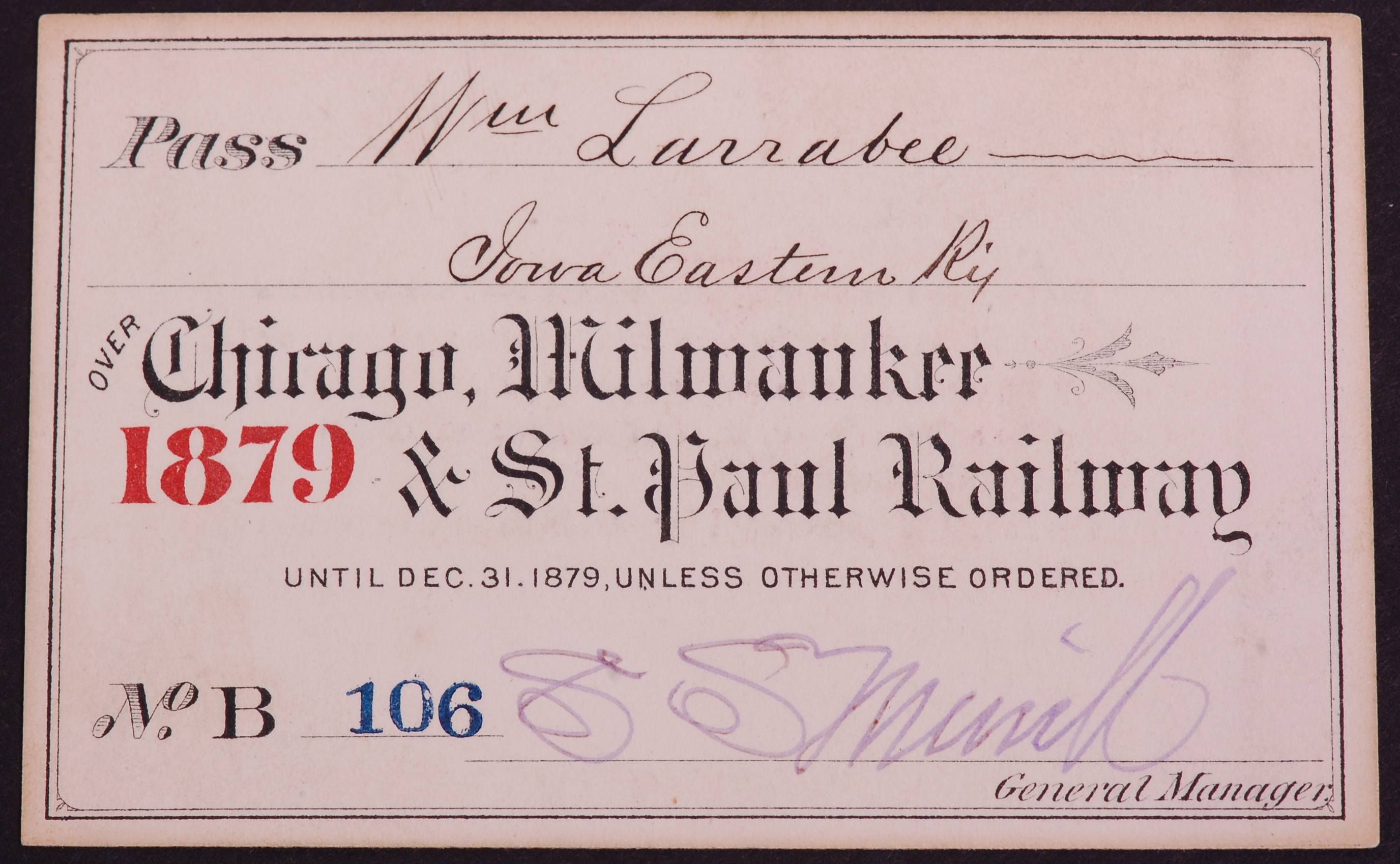332 - Chicago, Milwaukee and St. Paul Railroad 1879 Annual Pass thumbnail