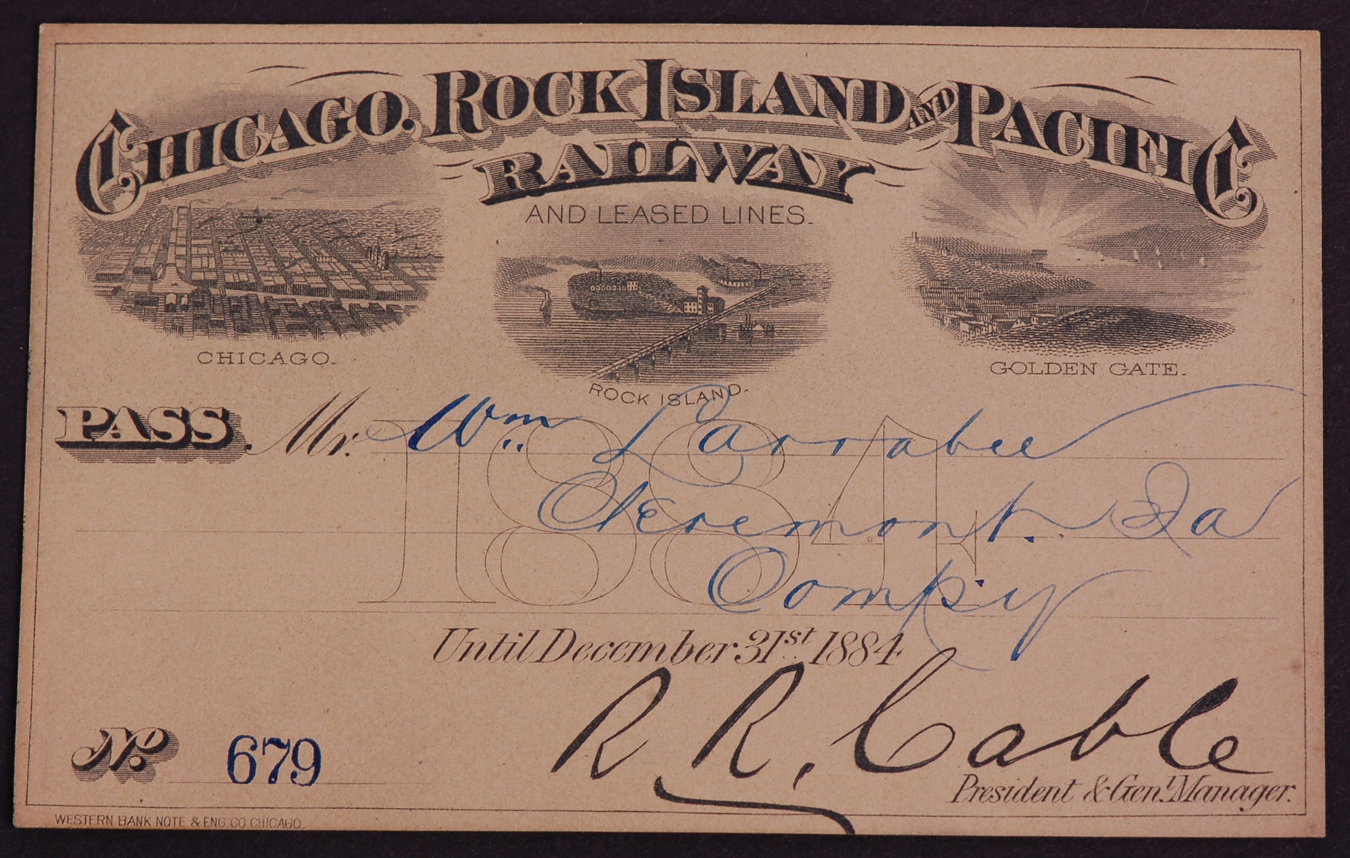 333 - Chicago Rock Island and Pacific Railroad 1884 Annual Pass thumbnail