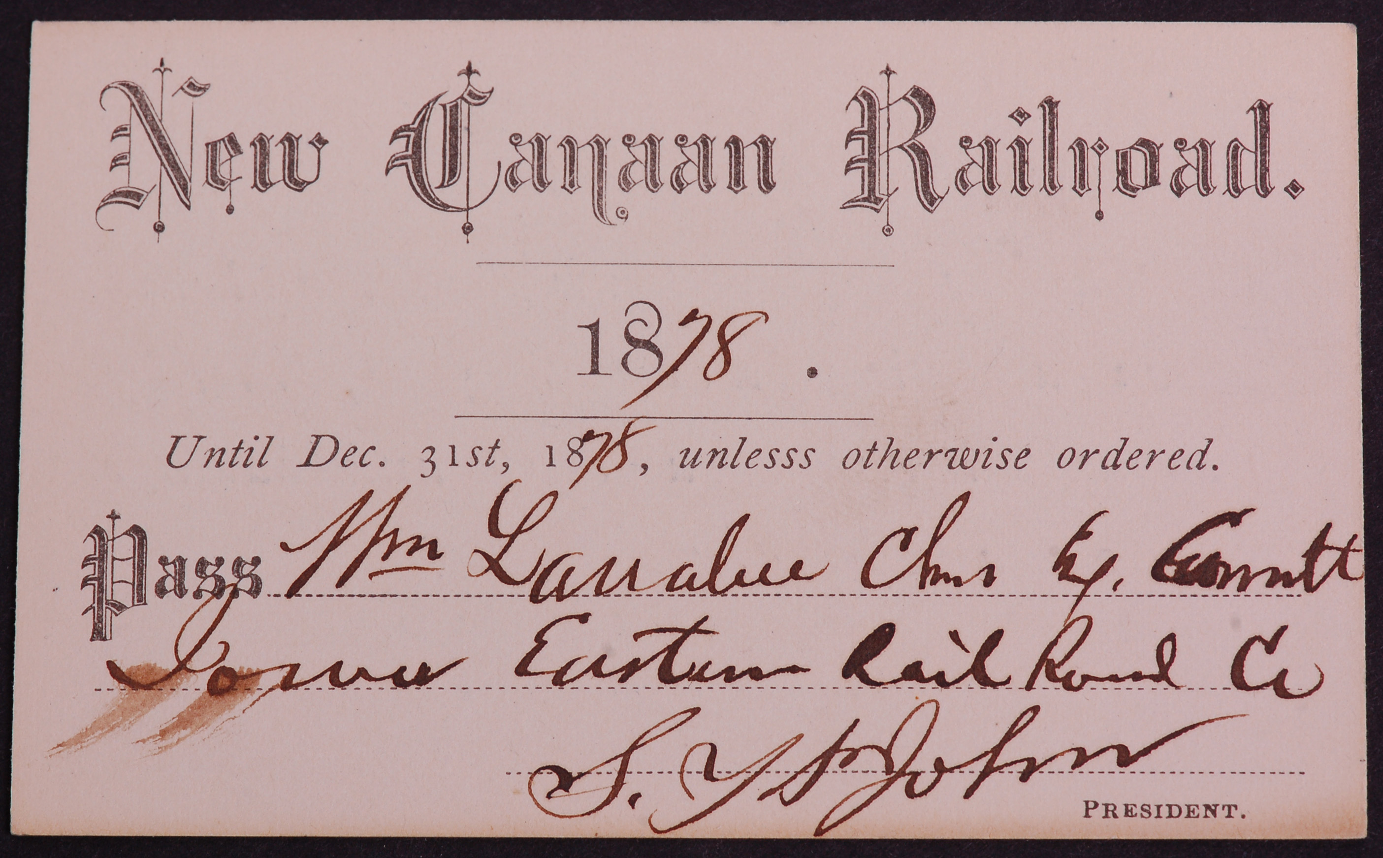 334 - New Canaan Railroad 1878 Annual Pass - Presidential Signature thumbnail