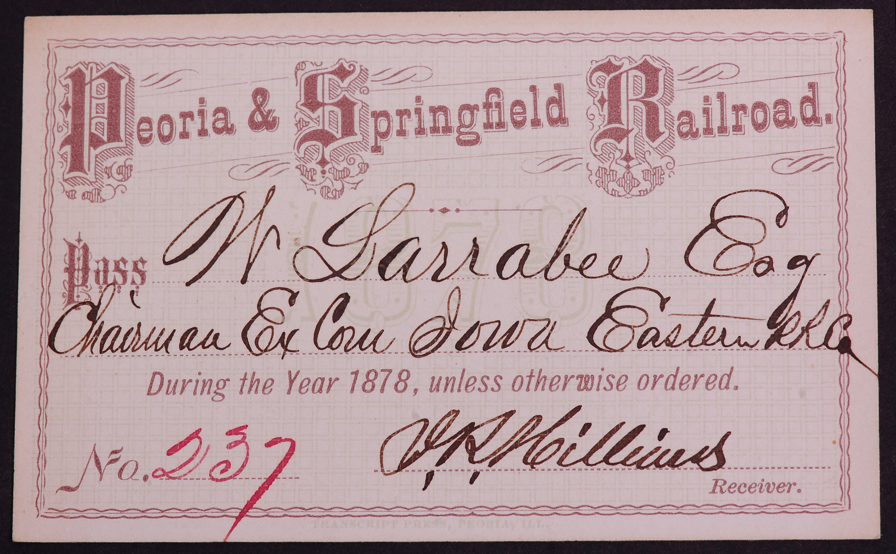 335 - Peoria & Springfield Railroad 1884 Annual Pass thumbnail