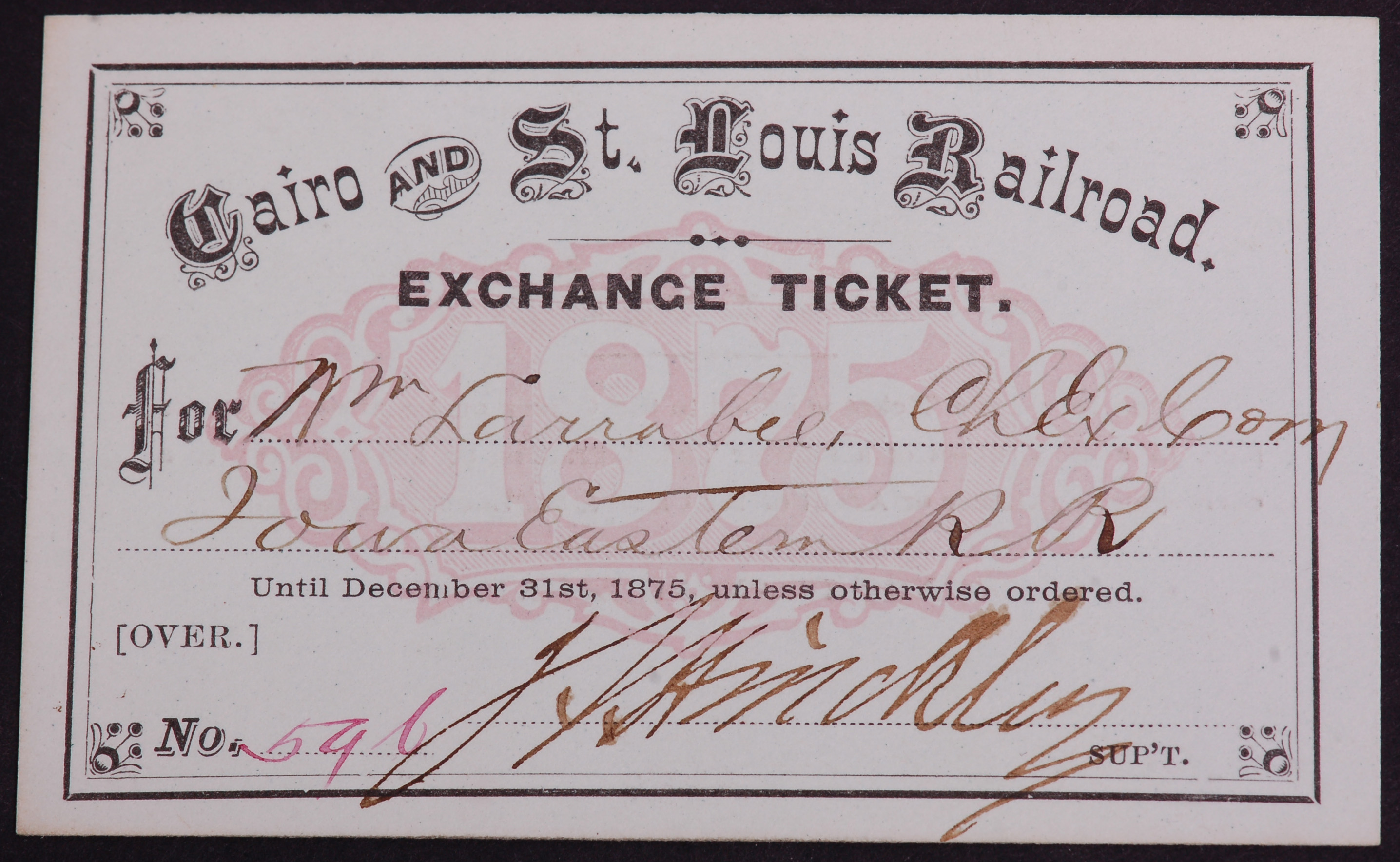 336 - Cairo and St. Louis Railroad 1875 Annual Pass thumbnail