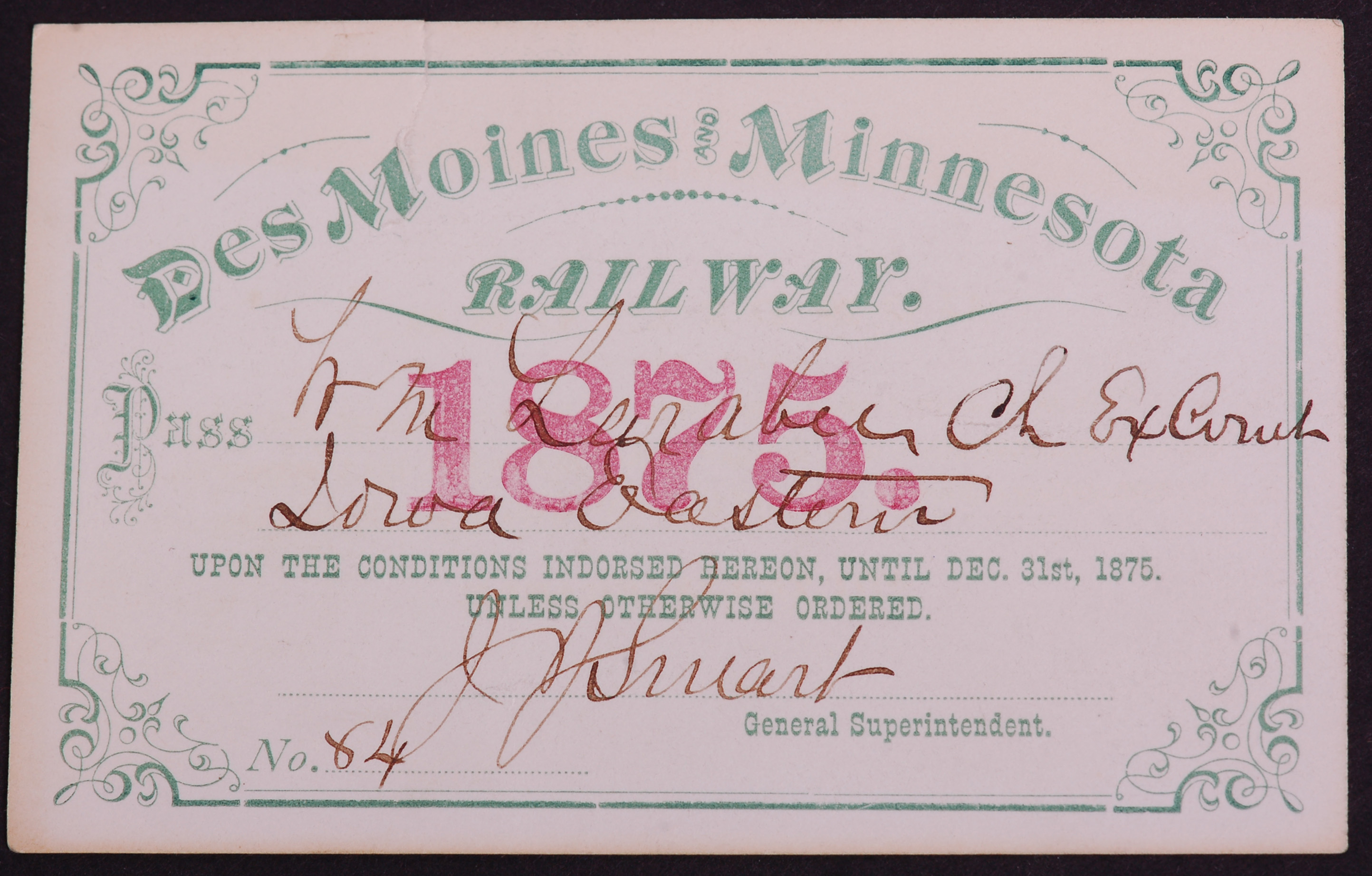 337 - Des Moines & Minnesota Railroad 1875 Annual Pass - Low Number thumbnail