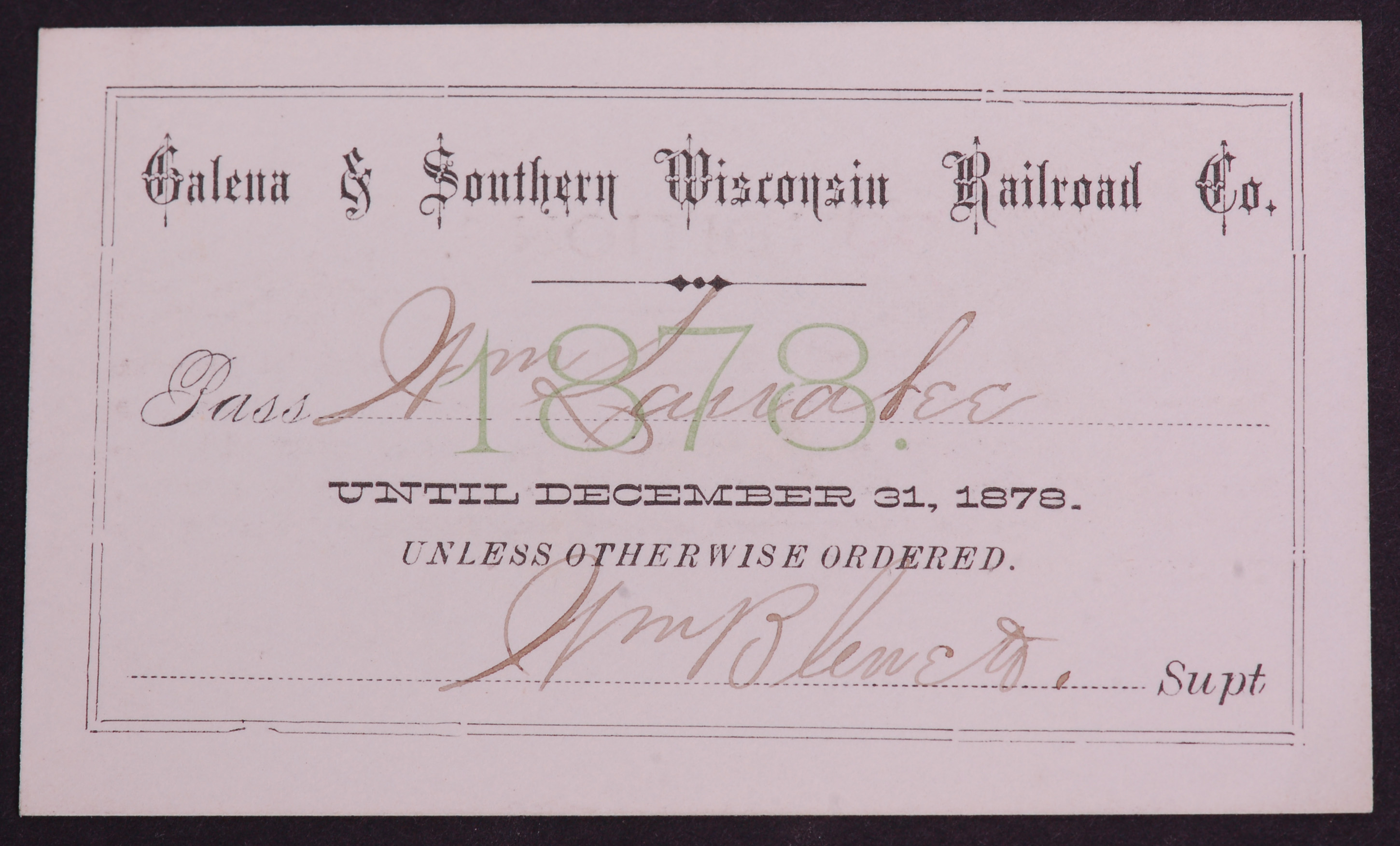 339 - Galena & Southern Wisconsin Railroad 1878 Annual Pass thumbnail