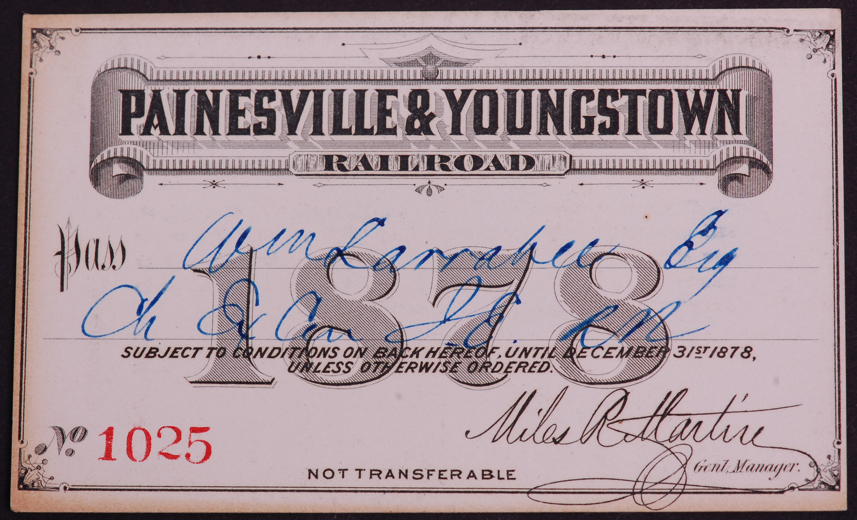 340 - Painesville & Youngstown Railroad 1878 Annual Pass thumbnail