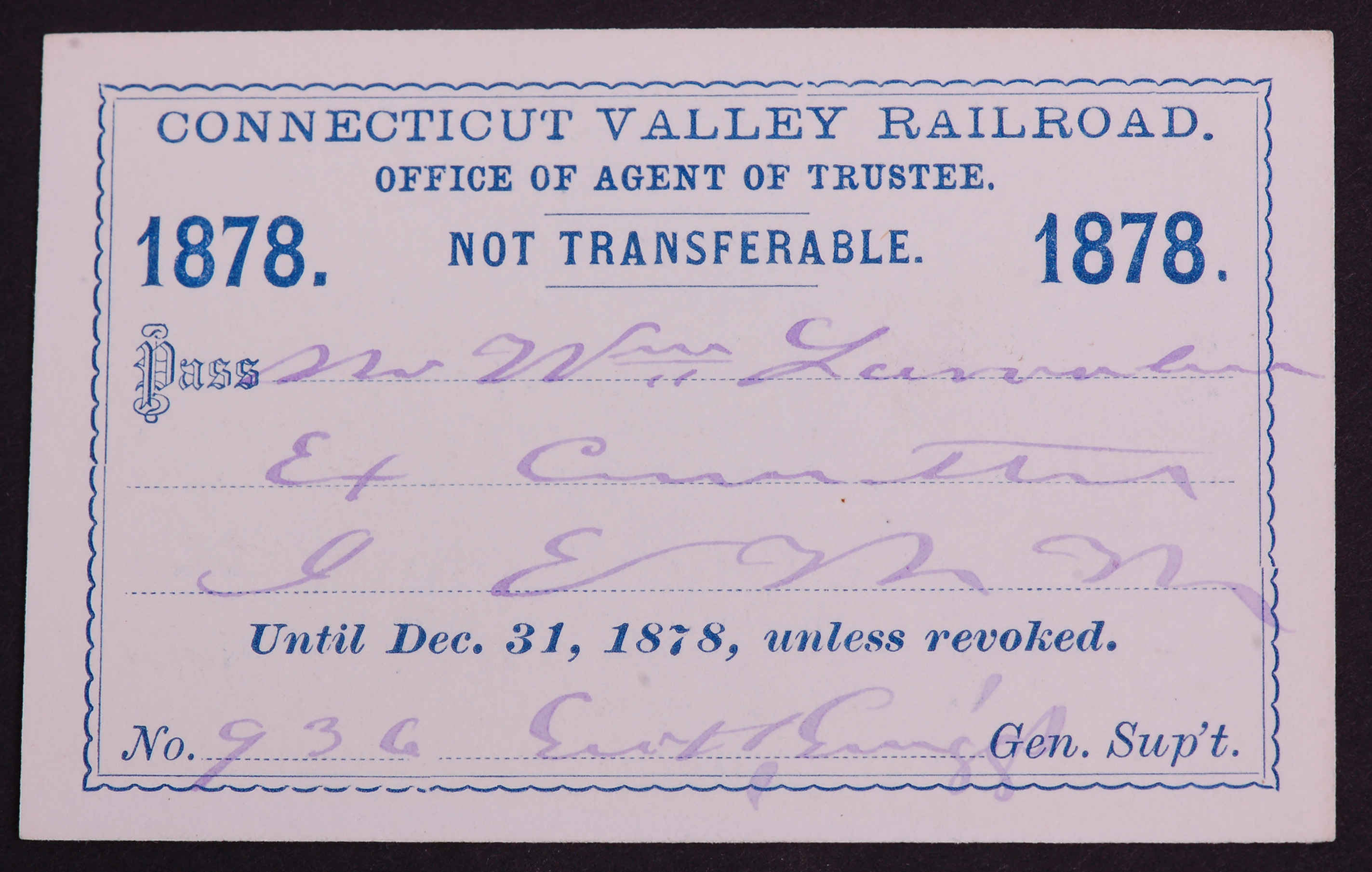 341 - Connecticut Valley Railroad 1878 Annual Pass thumbnail