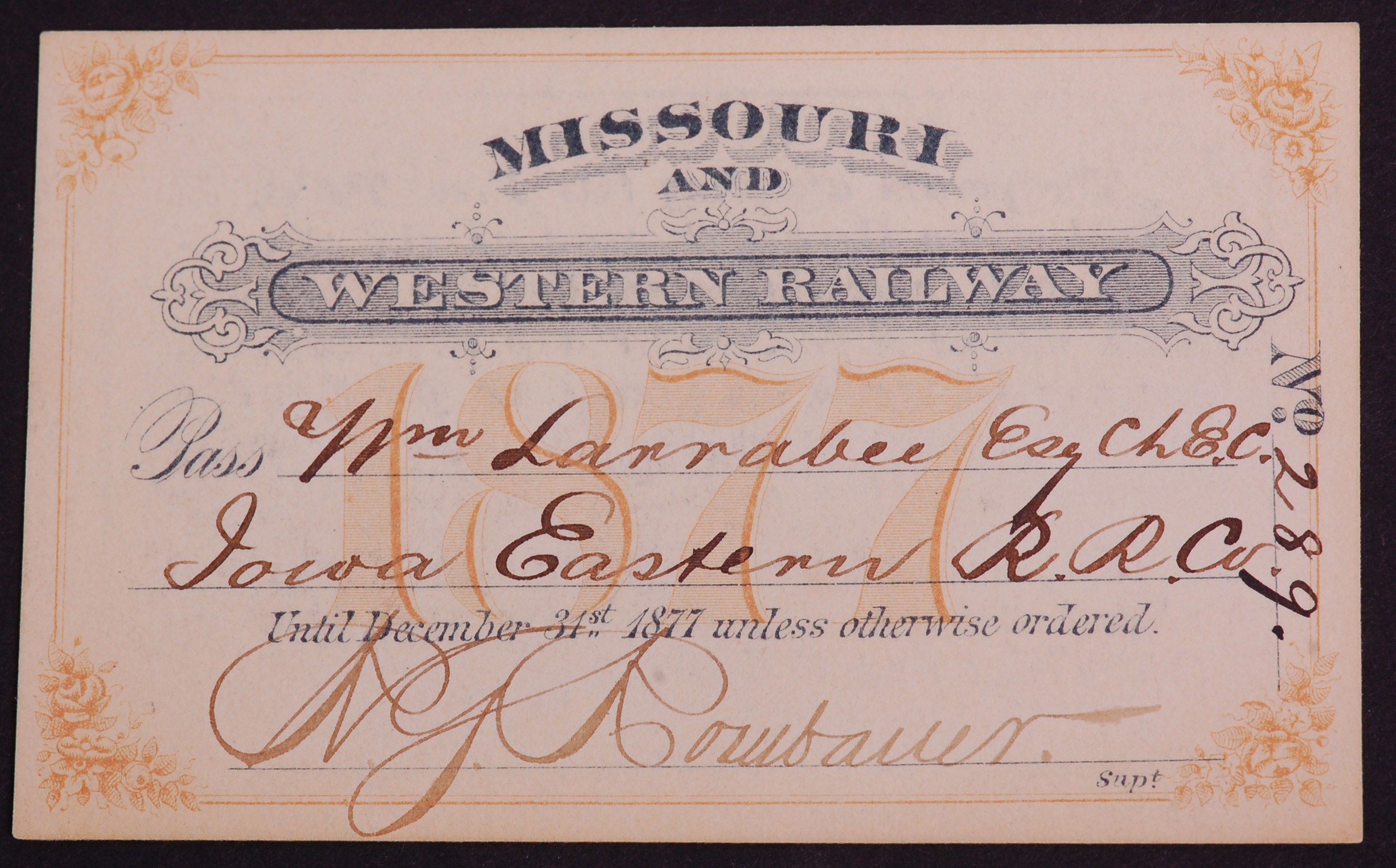 342 - Missouri and Western Railroad 1877 Annual Pass thumbnail