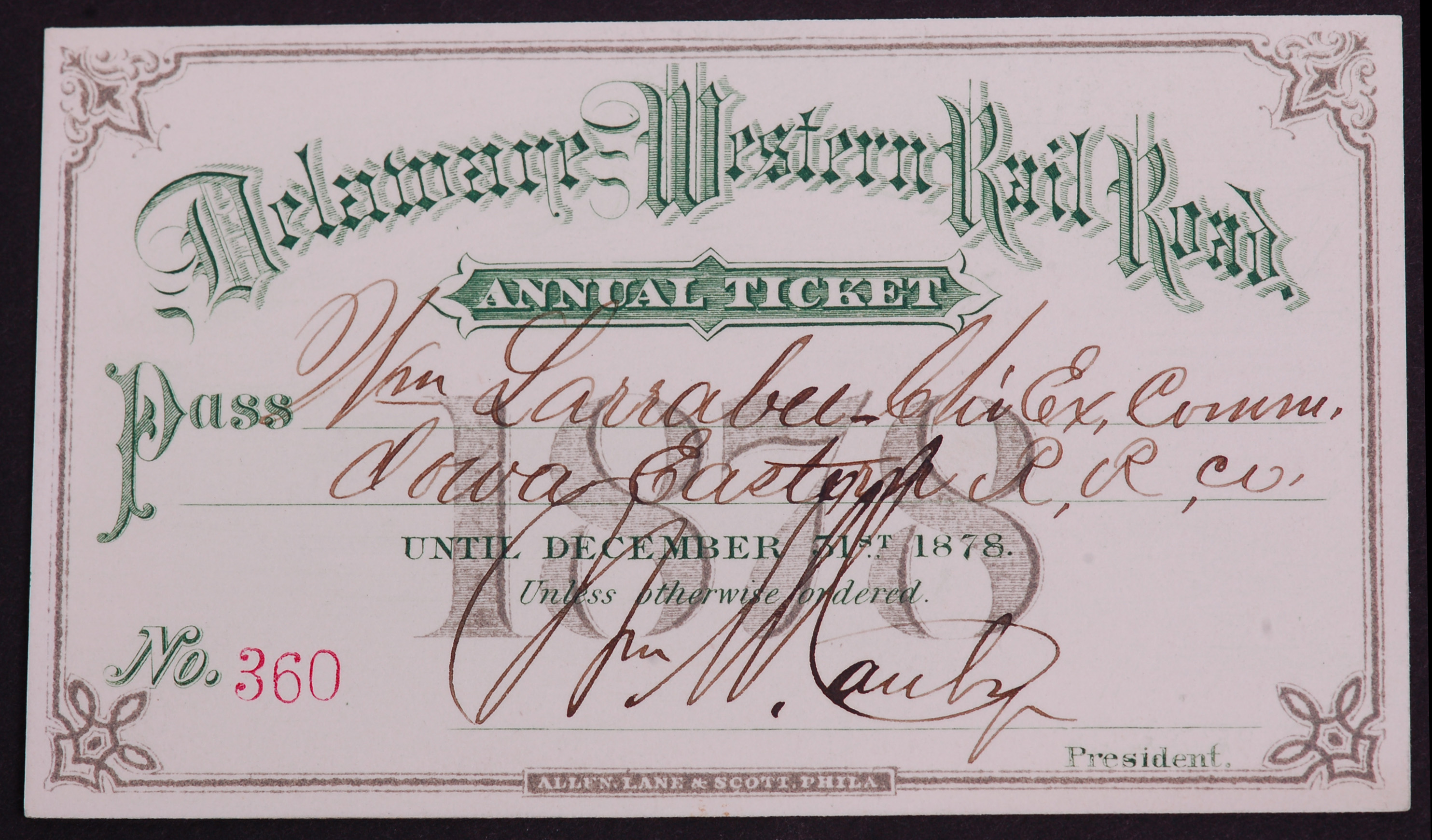 343 - Delaware Western Railroad 1878 Annual Pass thumbnail