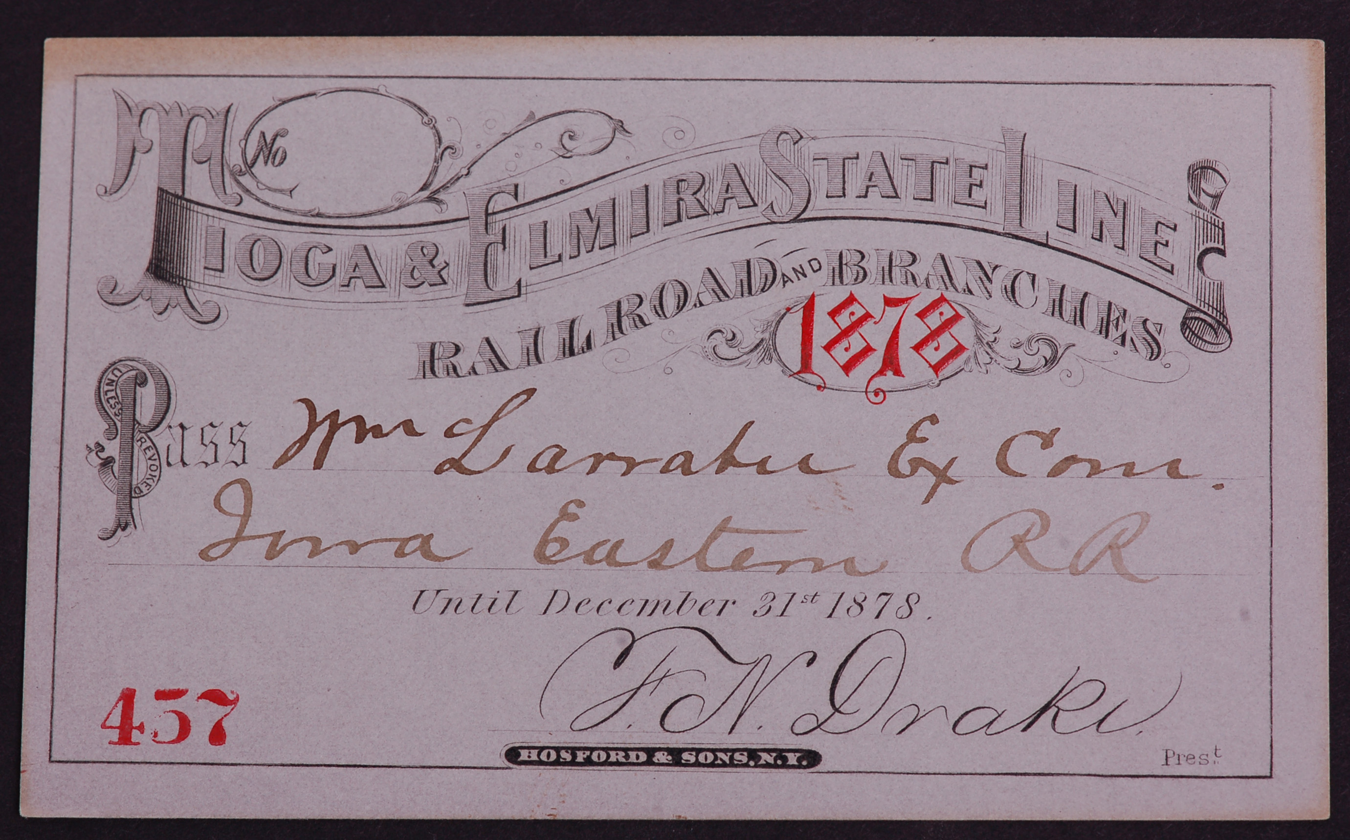 344 - Tioga & Elmira State Line Railroad and Branches 1878 Annual Pass thumbnail