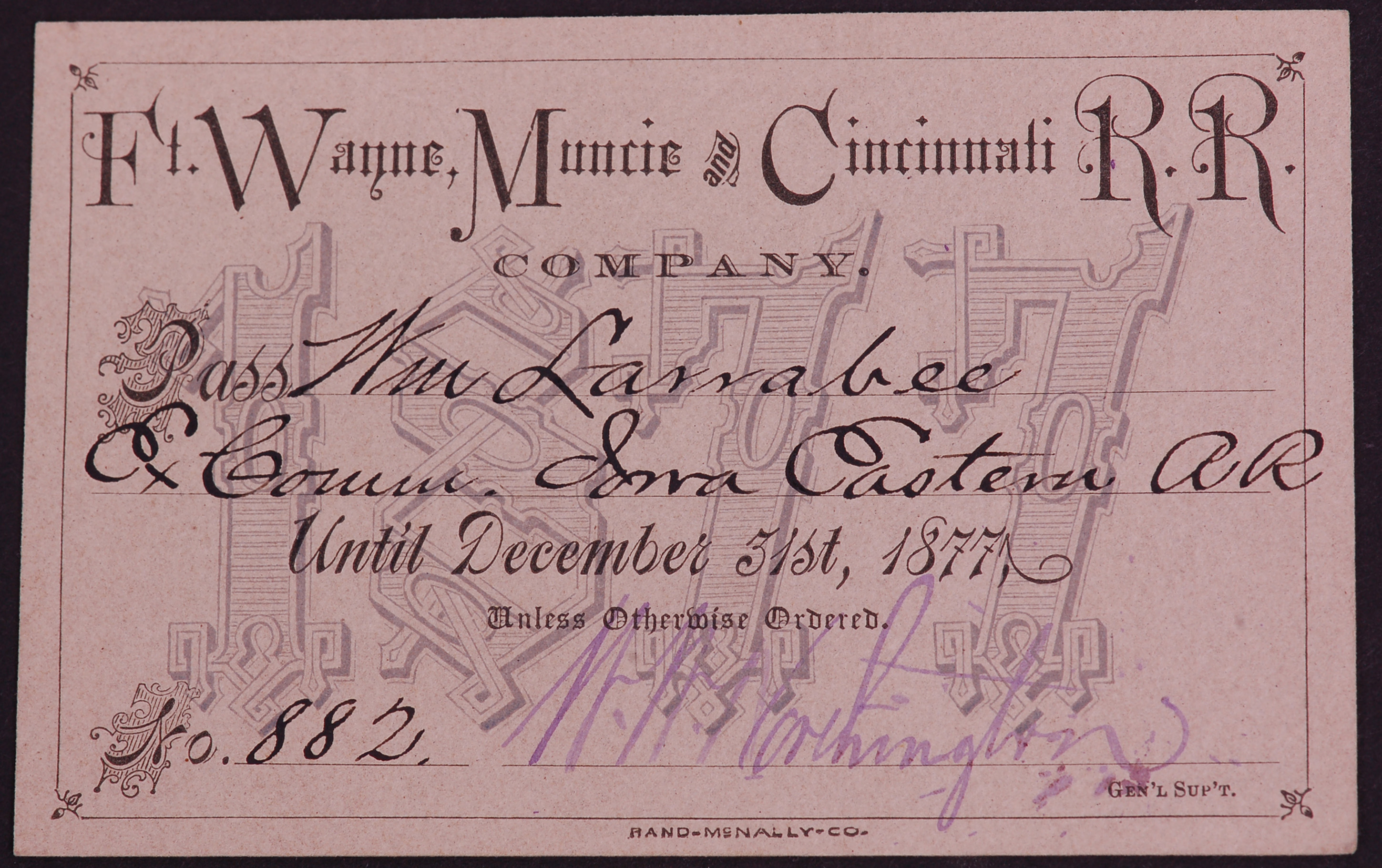 345 - Ft. Wayne, Muncie & Cincinnati Railroad 1878 Annual Pass thumbnail