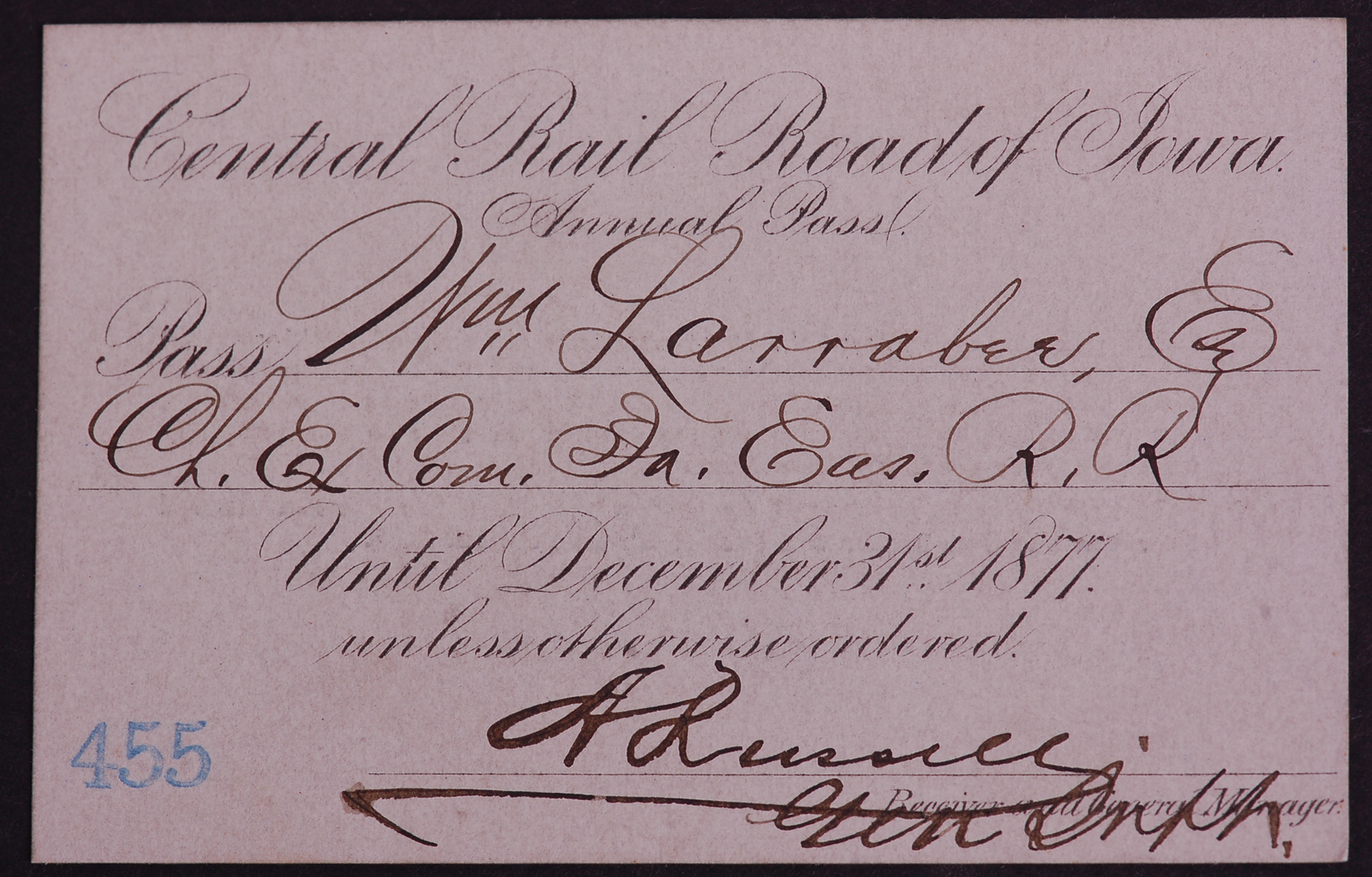 346 - Central Railroad of Iowa 1877 Annual Pass thumbnail