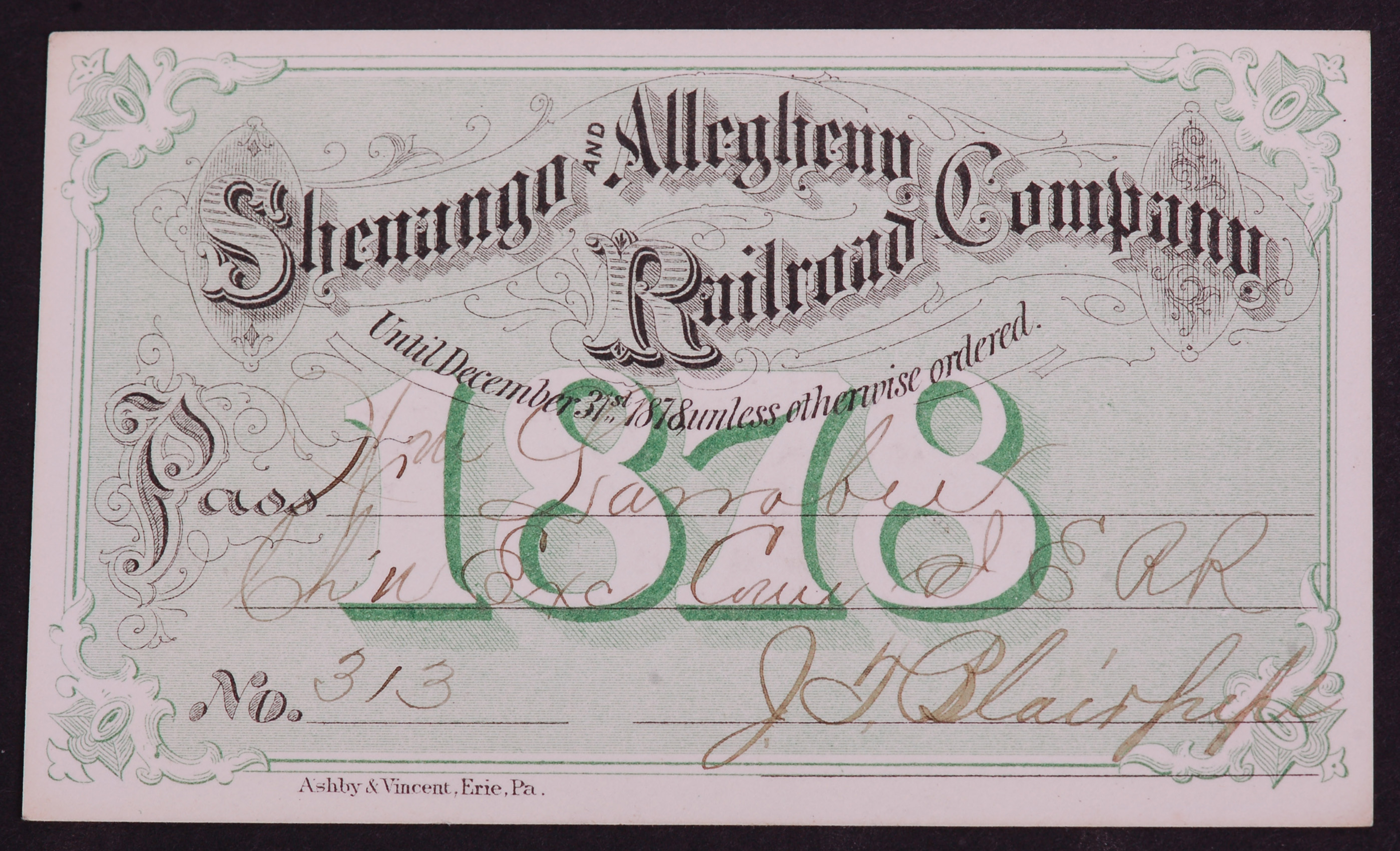 347 - Shenango and Allegheny Railroad Company 1878 Annual Pass thumbnail