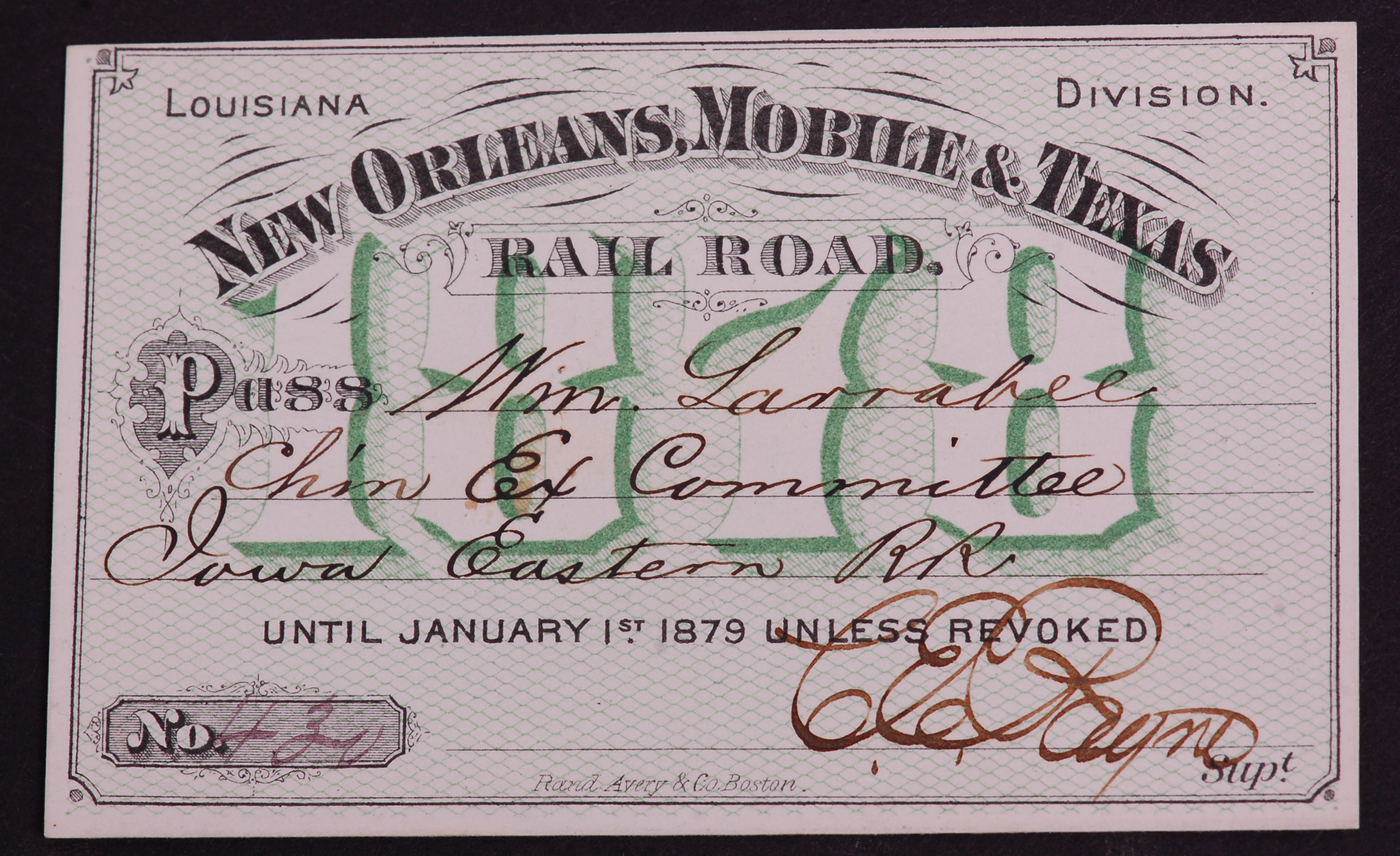 348 - New Orleans, Mobile & Texas Railroad 1878 Annual Pass thumbnail
