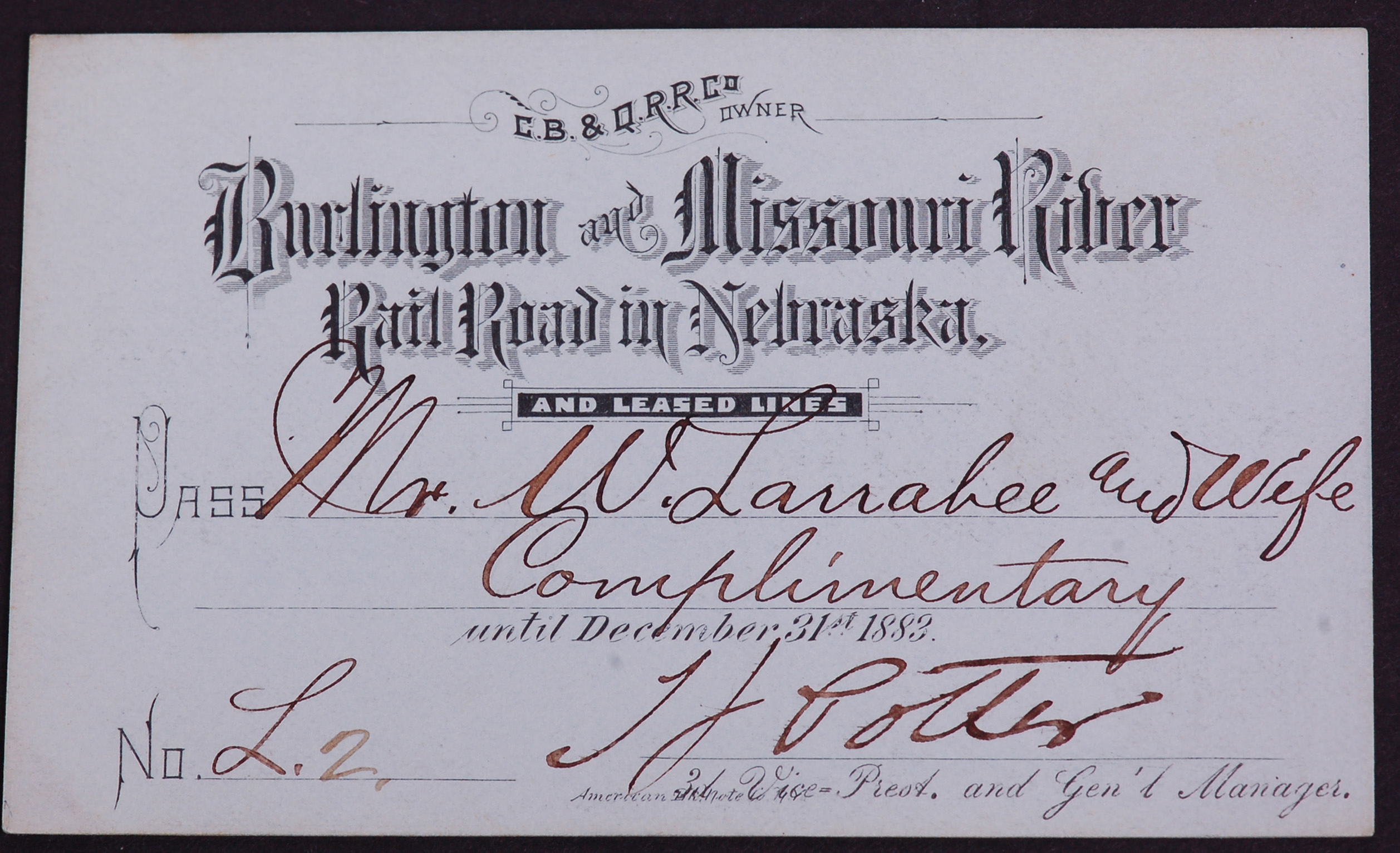 349 - Burlington and Mississippi Railroad in Nebraska 1883 Annual Pass thumbnail
