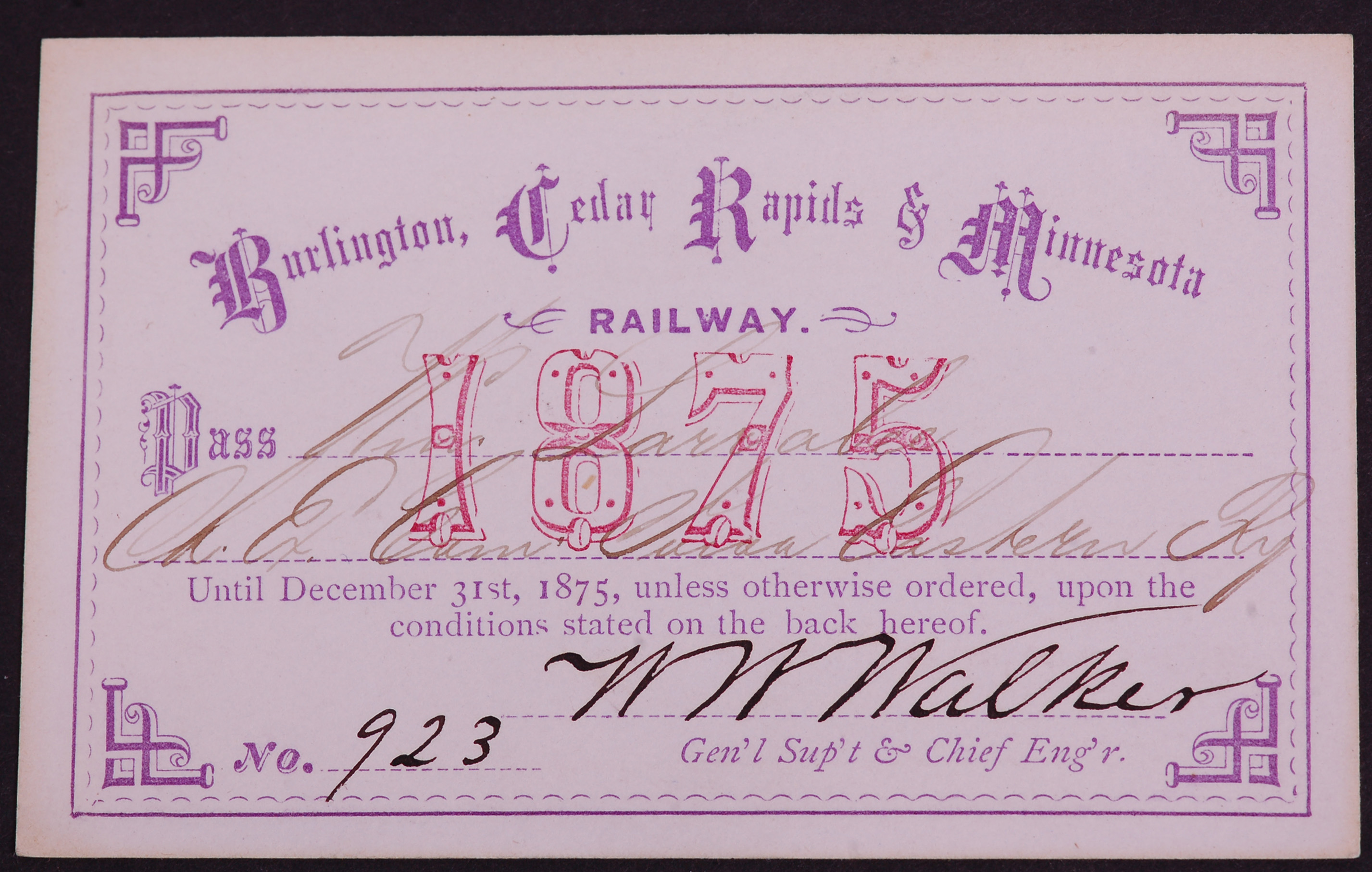 350 - Burlington, Cedar Rapids & Minnesota Railway 1875 Annual Pass thumbnail